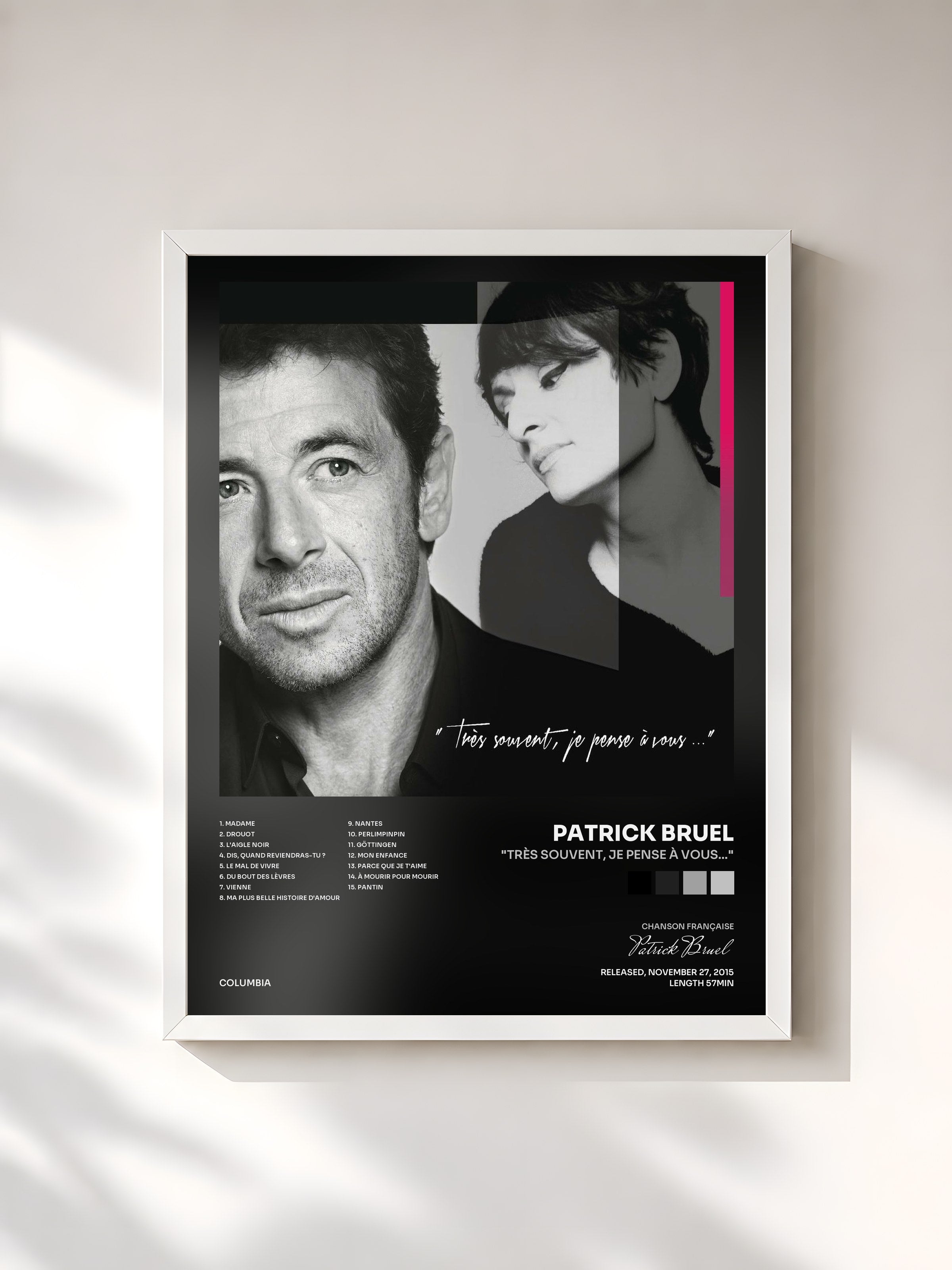 #blanc Tableau de l'album "Très souvent, je pense à vous..." de Patrick Bruel, cadre blanc, imprimé et encadré en France