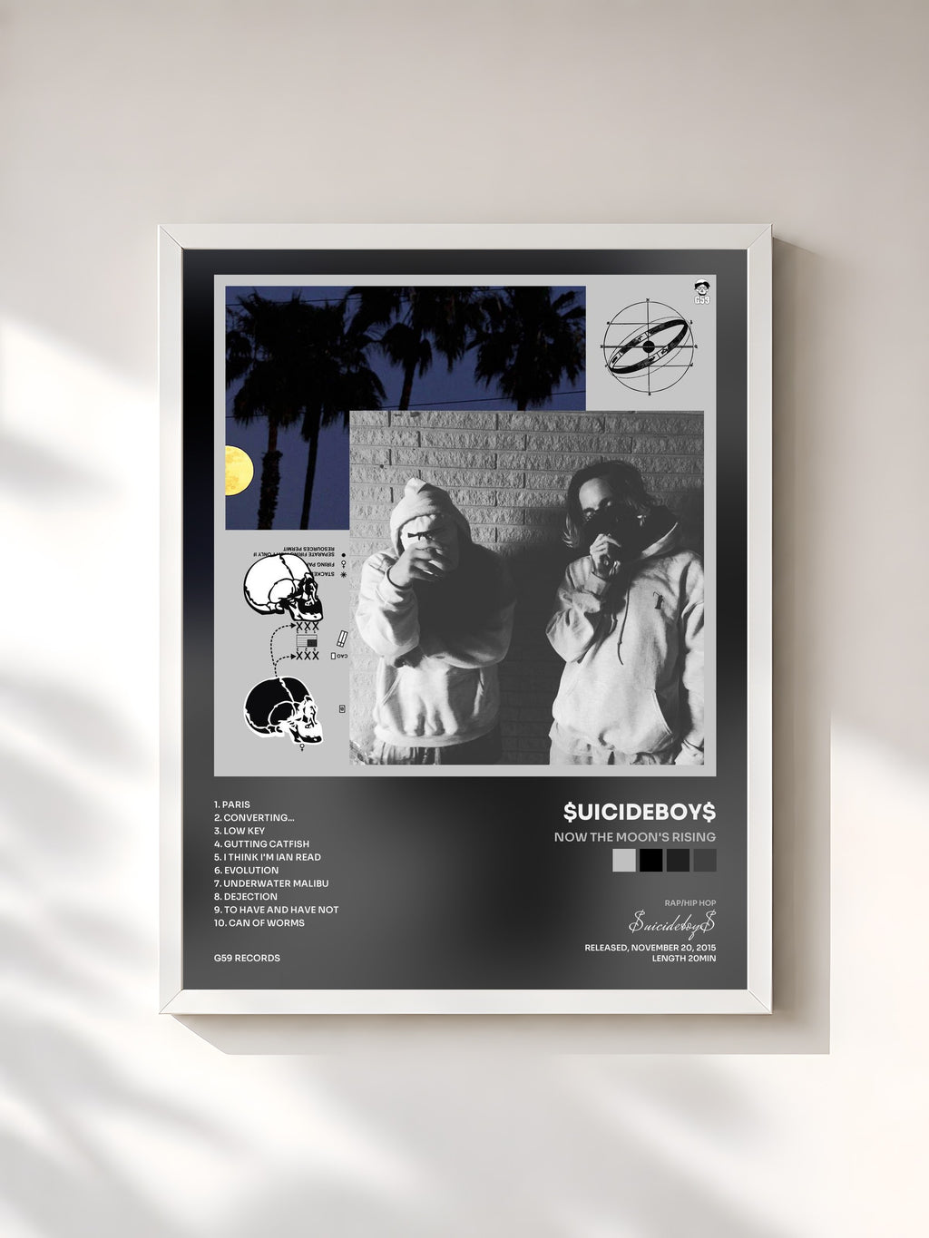 #blanc Tableau de l'album Now the Moon's Rising de $uicideboy$, cadre blanc, imprimé et encadré en France