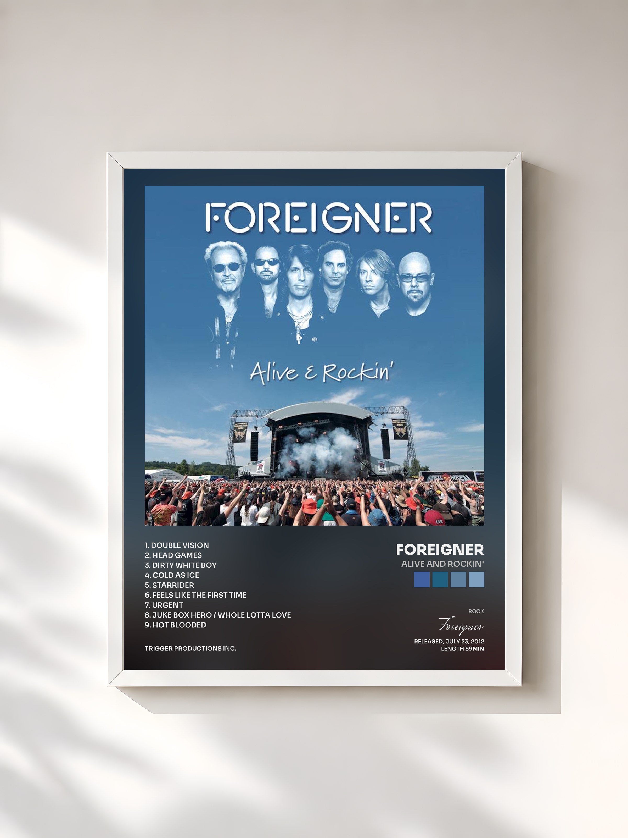 #blanc Tableau de l'album Alive And Rockin' de Foreigner, cadre blanc, imprimé et encadré en France