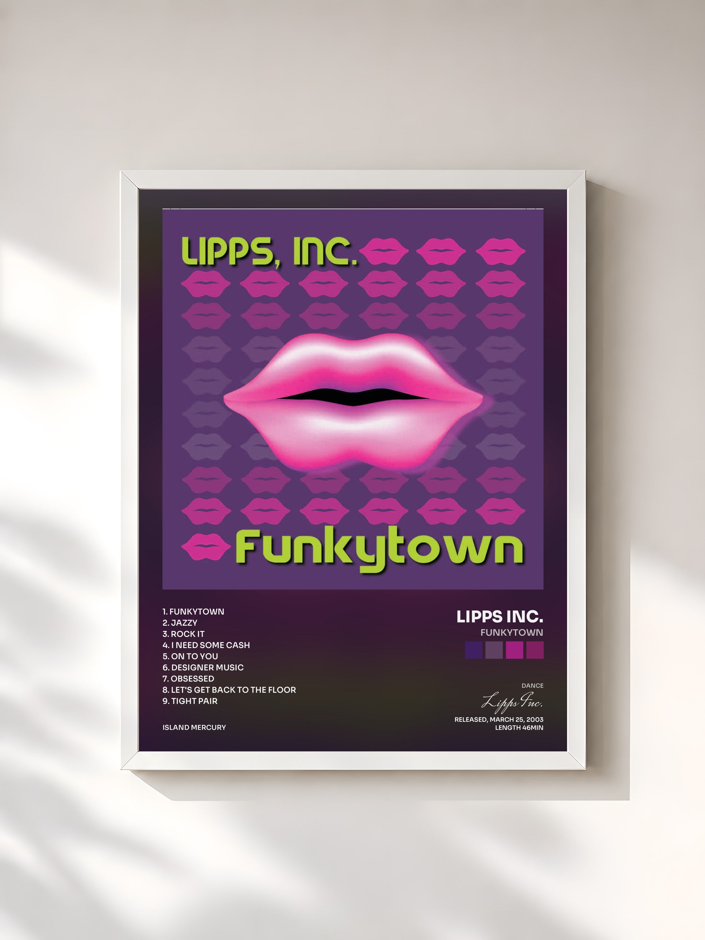 #blanc Tableau de l'album Funkytown de Lipps Inc., cadre blanc, imprimé et encadré en France