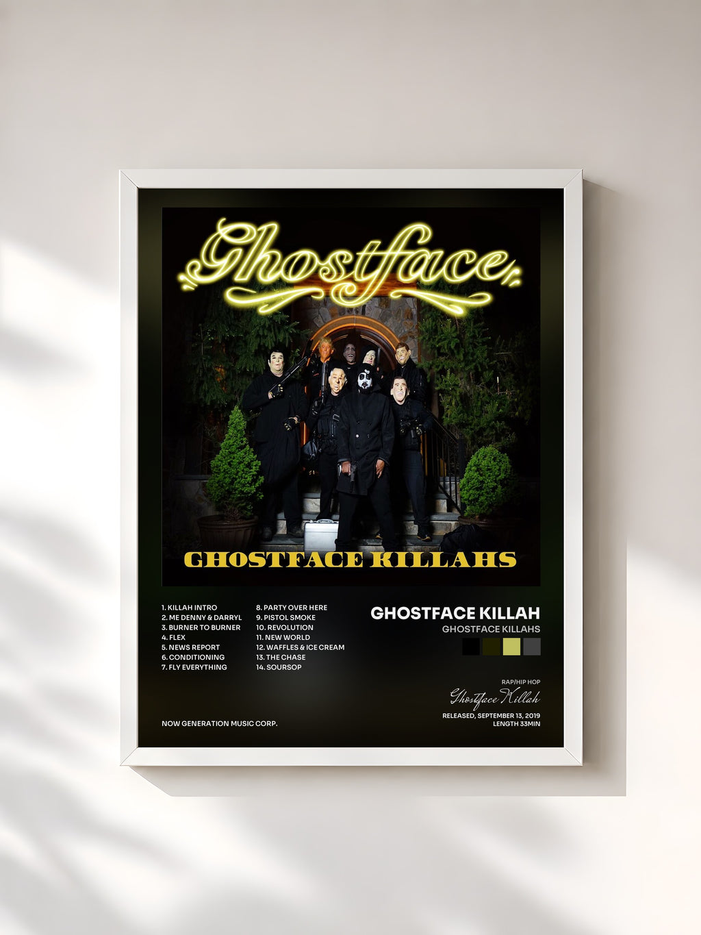 #blanc Tableau de l'album Ghostface Killahs de Ghostface Killah, cadre blanc, imprimé et encadré en France