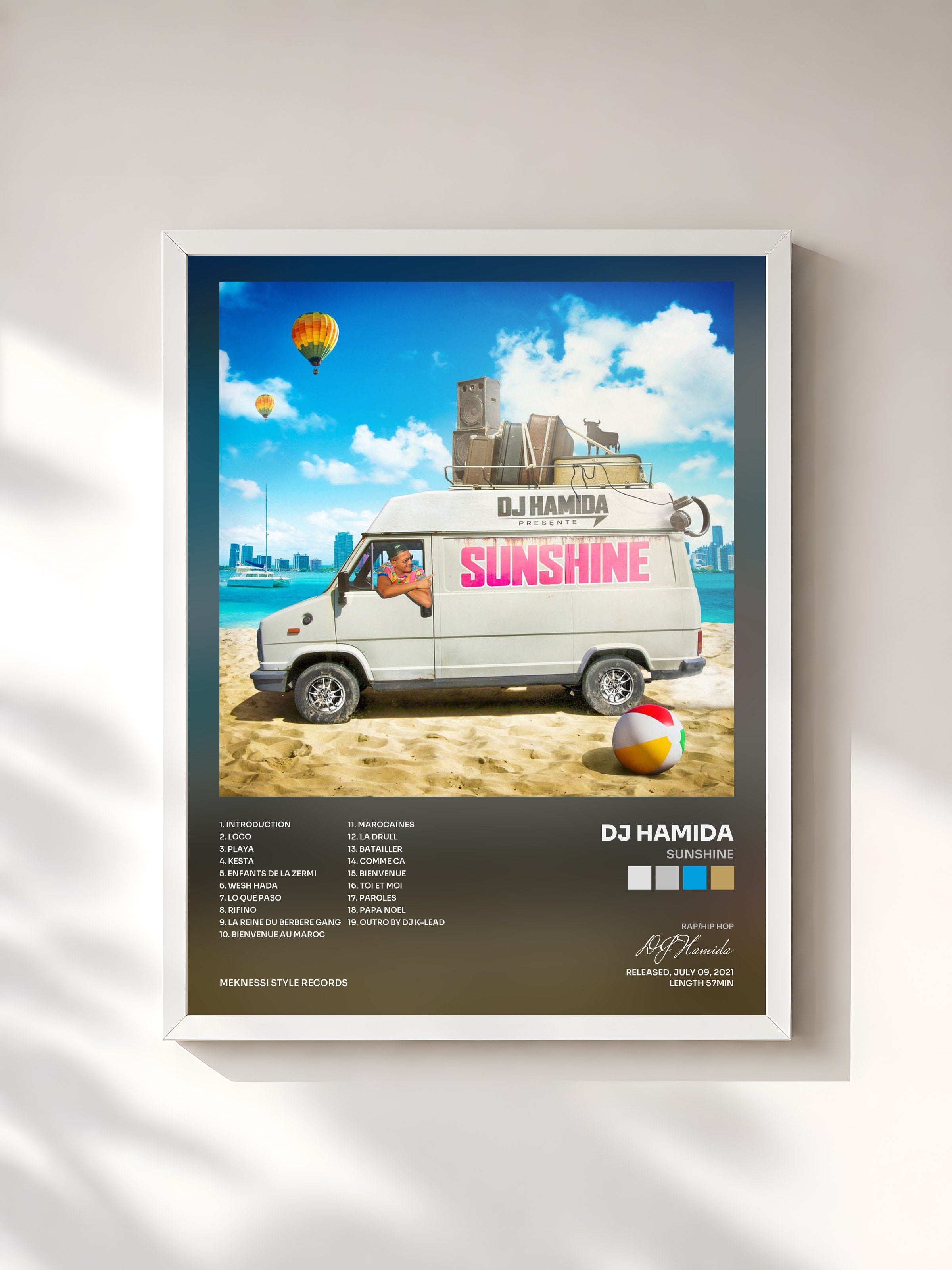 #blanc Tableau de l'album Sunshine de DJ Hamida, cadre blanc, imprimé et encadré en France
