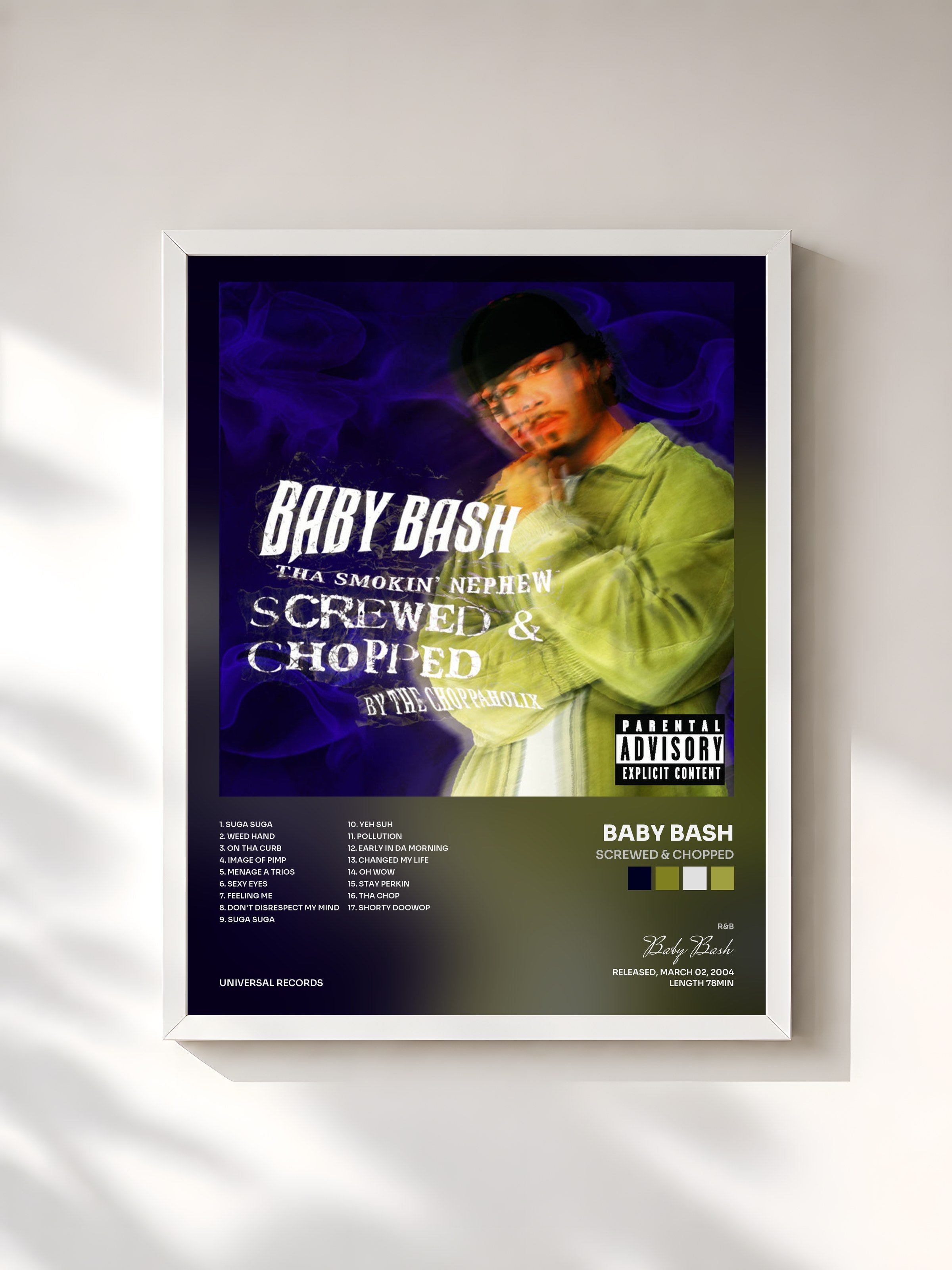 #blanc Tableau de l'album Screwed & Chopped de Baby Bash, cadre blanc, imprimé et encadré en France