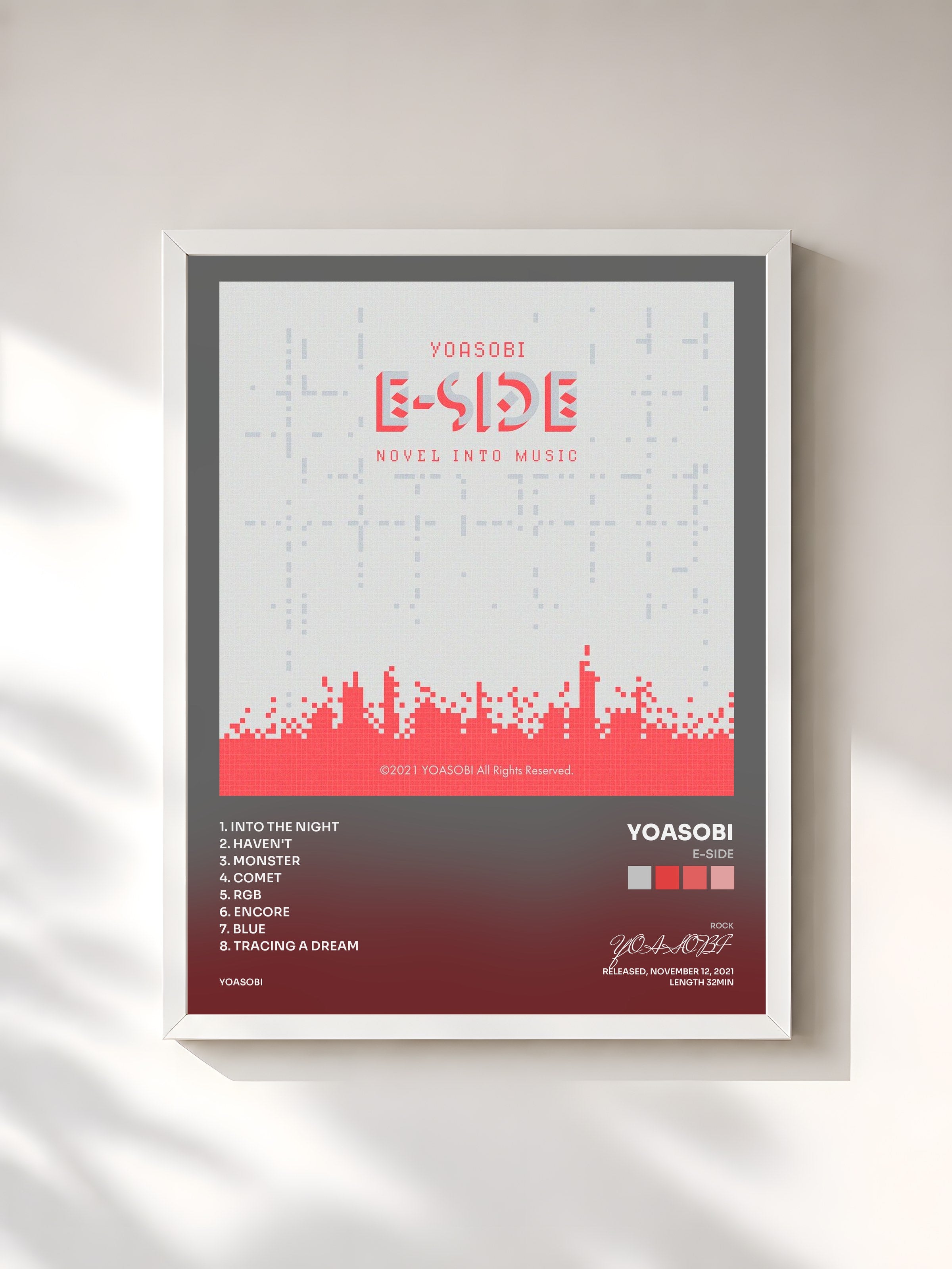 #blanc Tableau de l'album E-SIDE de YOASOBI, cadre blanc, imprimé et encadré en France