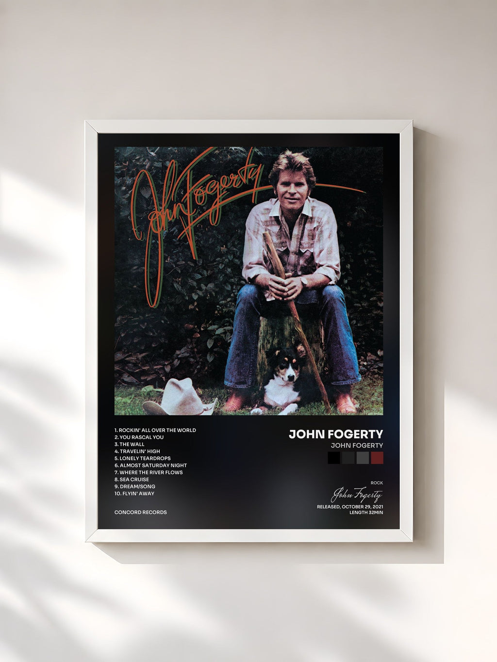 #blanc Tableau de l'album John Fogerty de John Fogerty, cadre blanc, imprimé et encadré en France