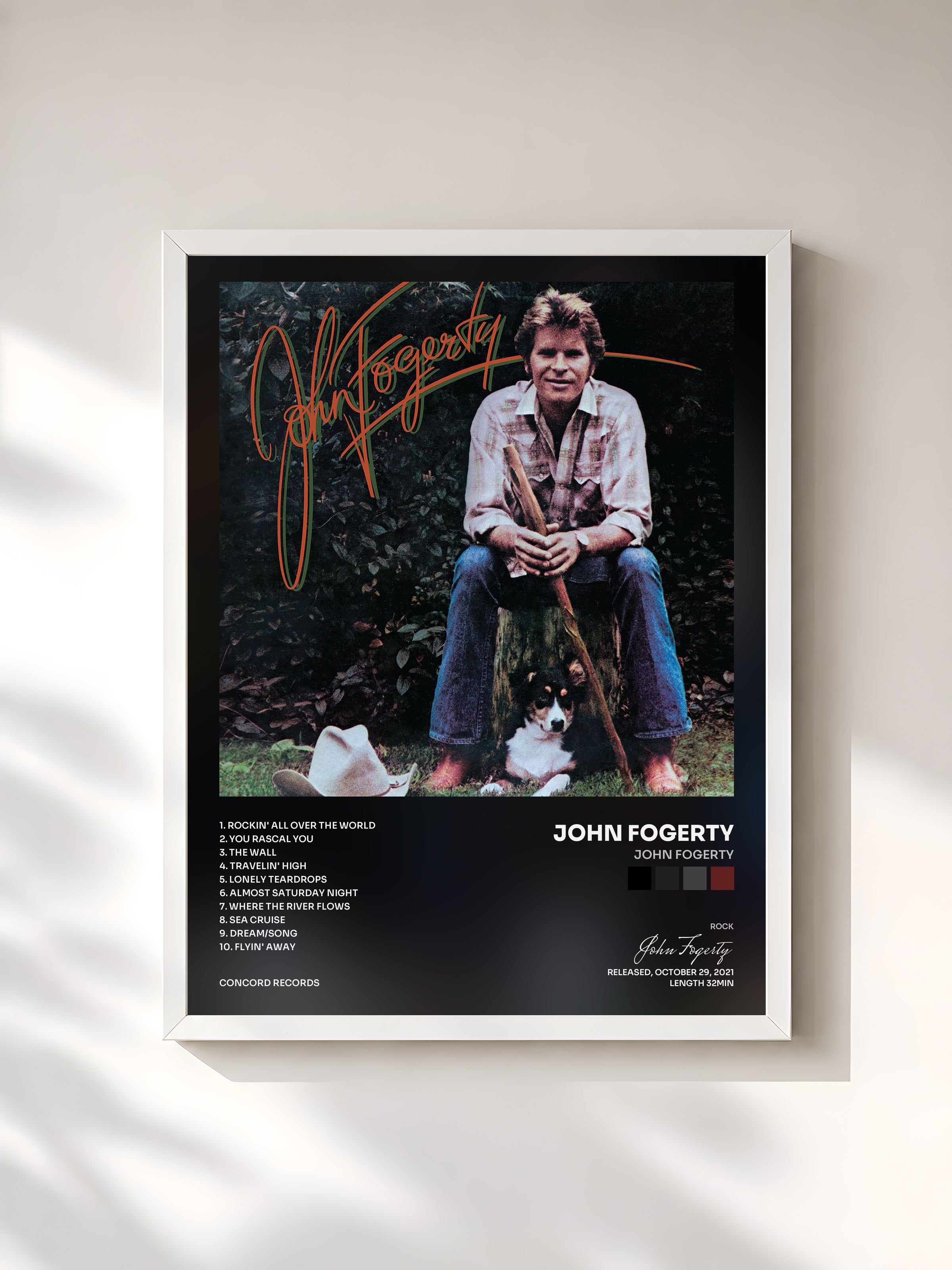 #blanc Tableau de l'album John Fogerty de John Fogerty, cadre blanc, imprimé et encadré en France