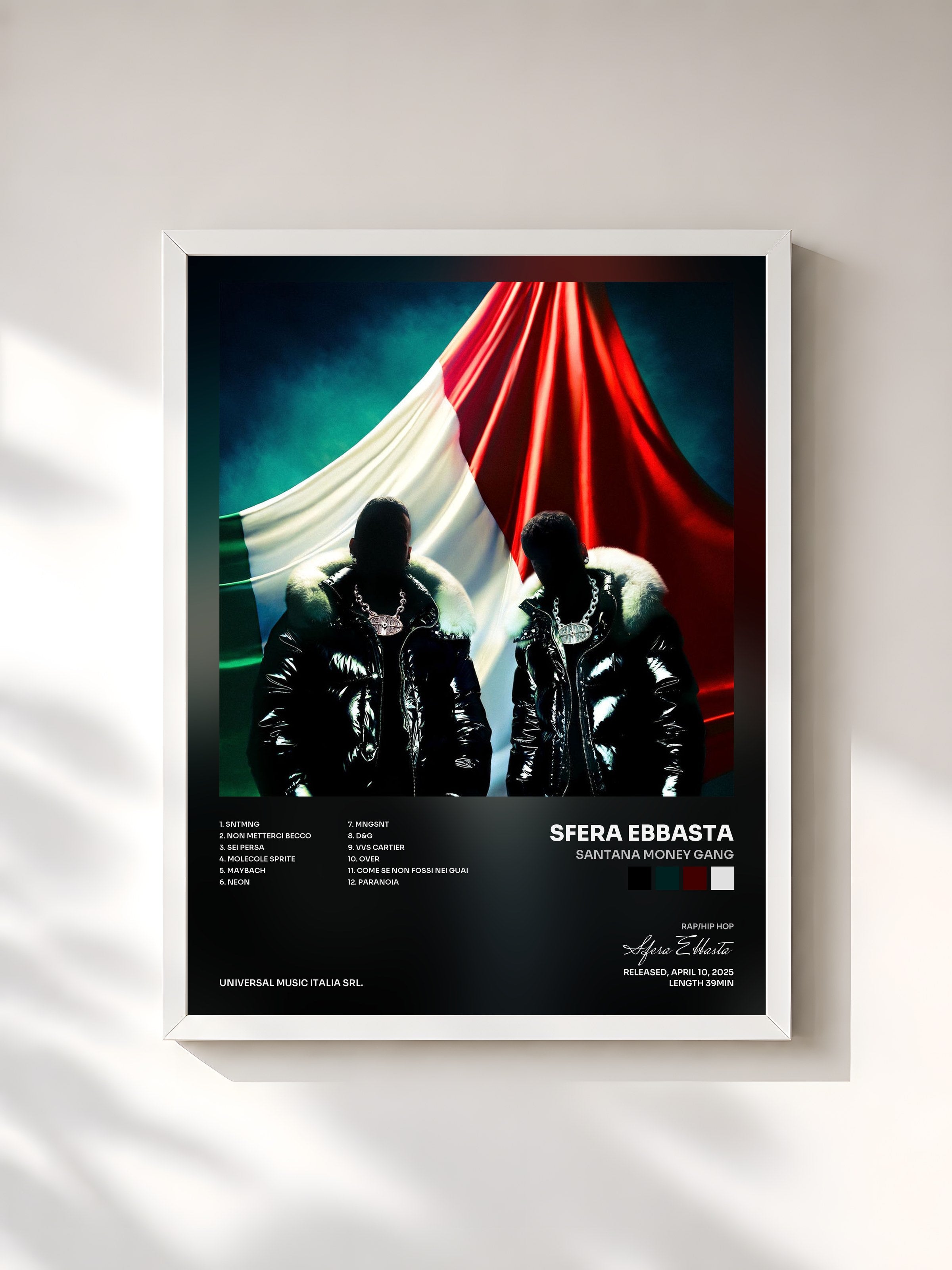 #blanc Tableau de l'album SANTANA MONEY GANG de Sfera Ebbasta, cadre blanc, imprimé et encadré en France
