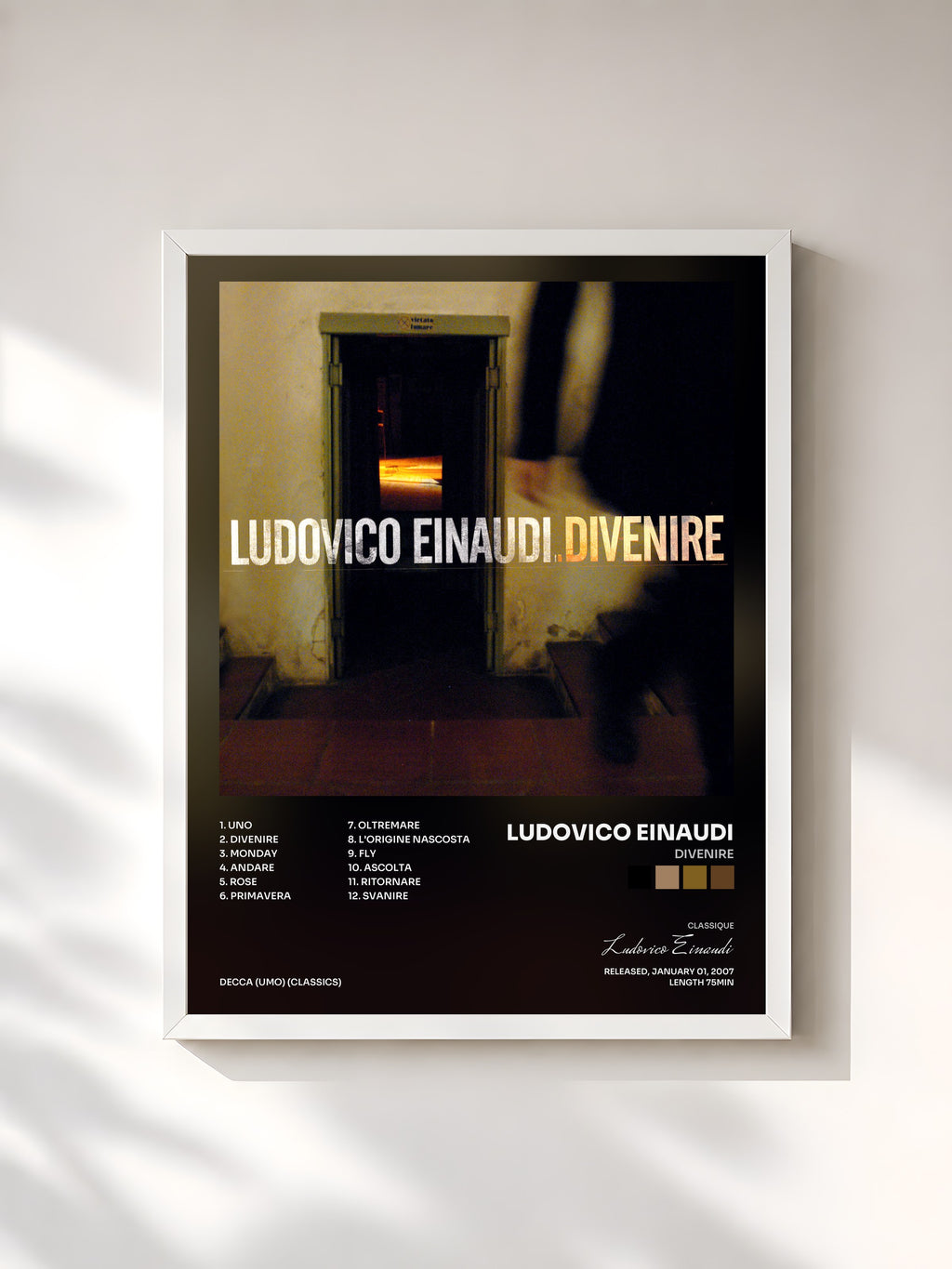 #blanc Tableau de l'album Divenire de Ludovico Einaudi, cadre blanc, imprimé et encadré en France