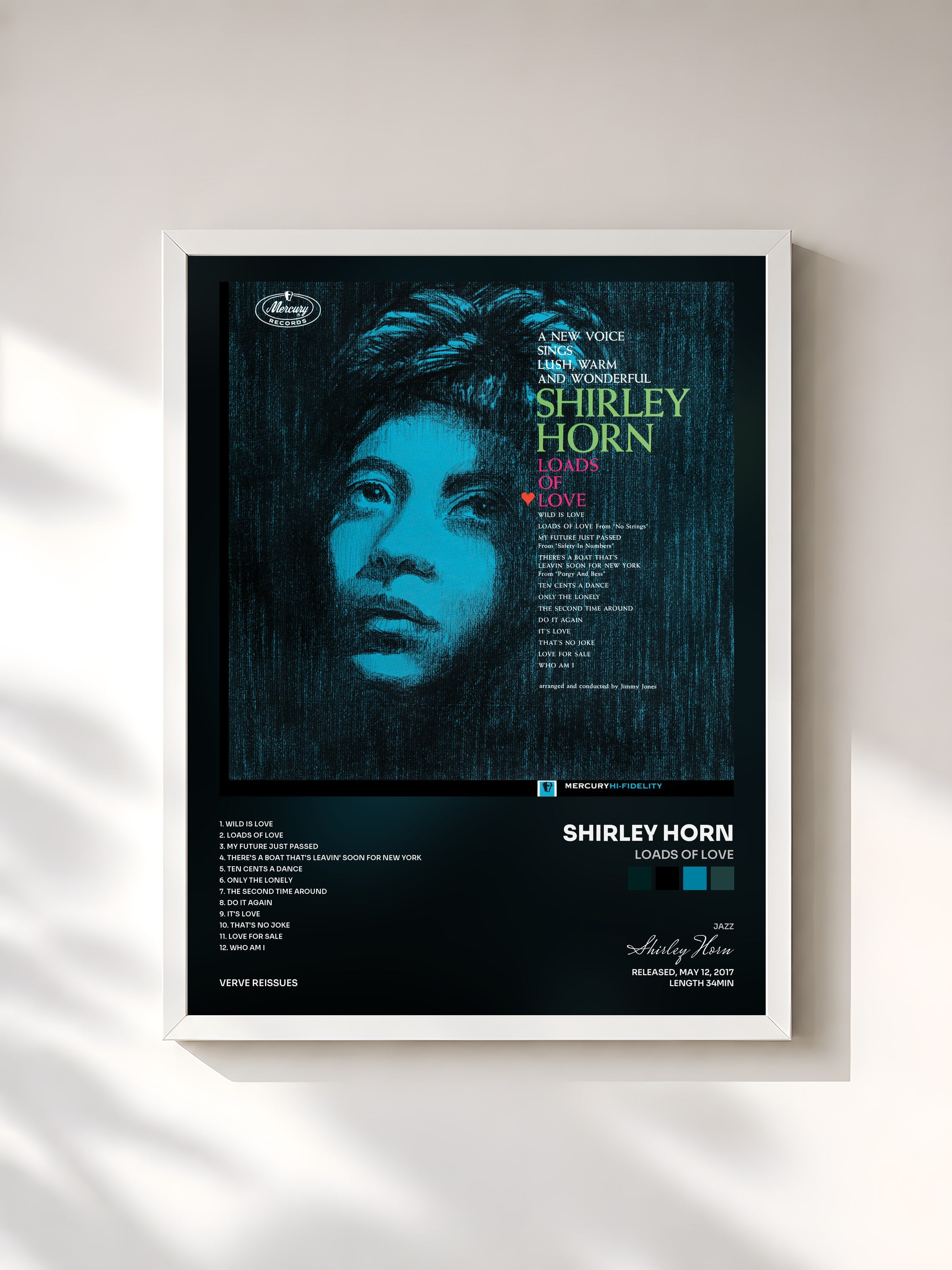 #blanc Tableau de l'album Loads Of Love de Shirley Horn, cadre blanc, imprimé et encadré en France