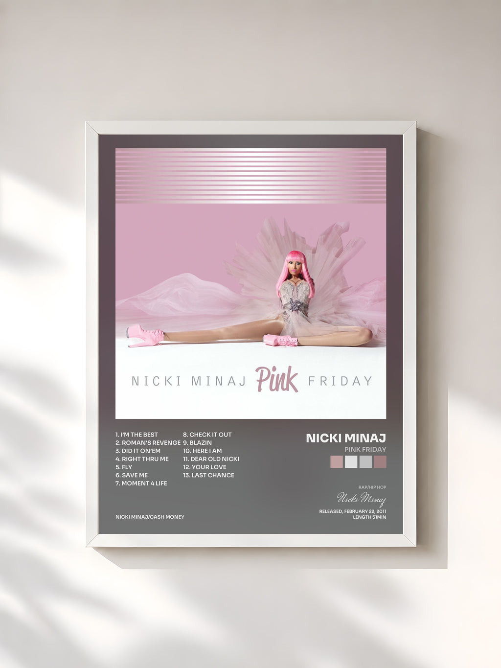 #blanc Tableau de l'album Pink Friday de Nicki Minaj, cadre blanc, imprimé et encadré en France