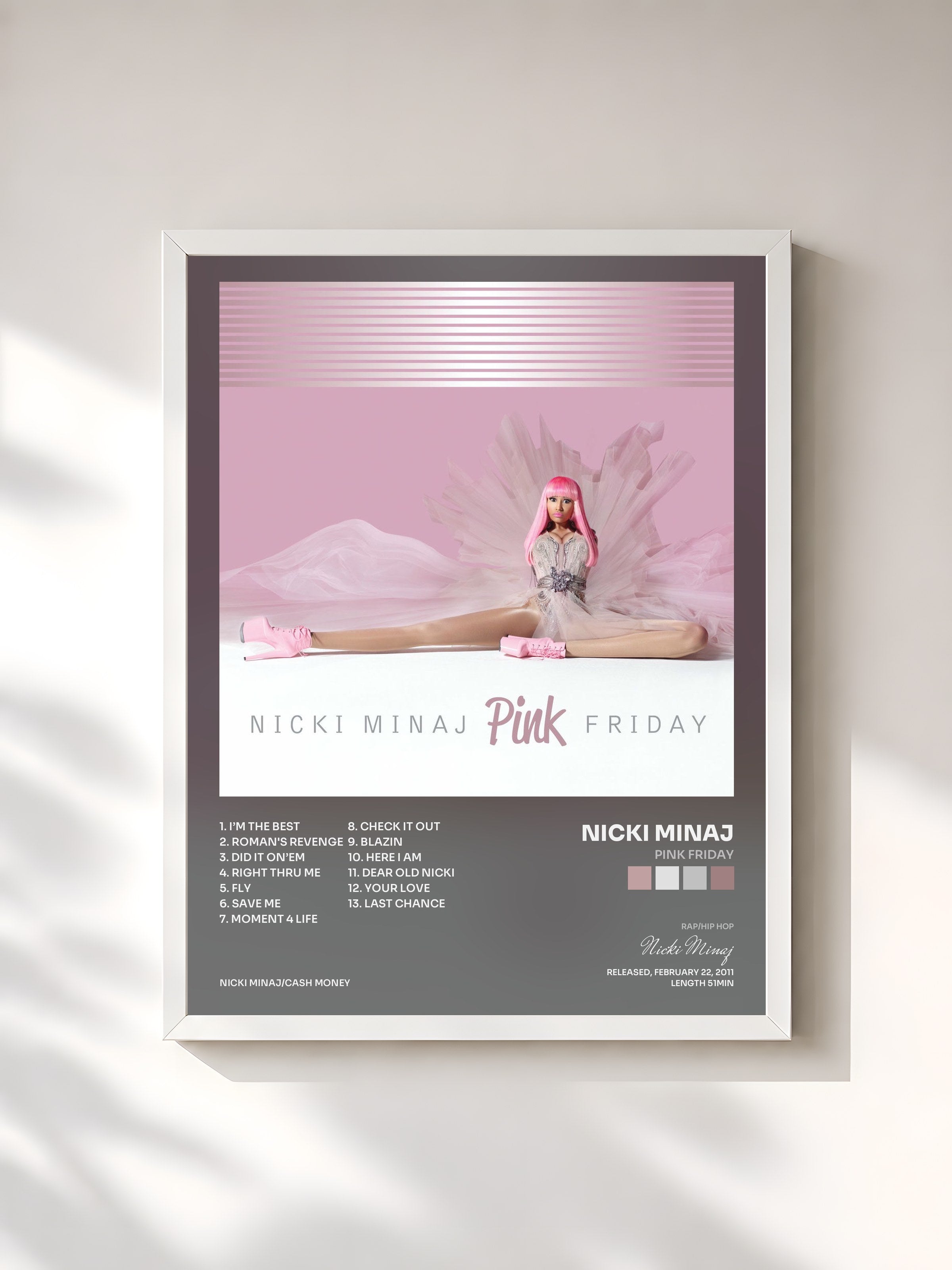 #blanc Tableau de l'album Pink Friday de Nicki Minaj, cadre blanc, imprimé et encadré en France