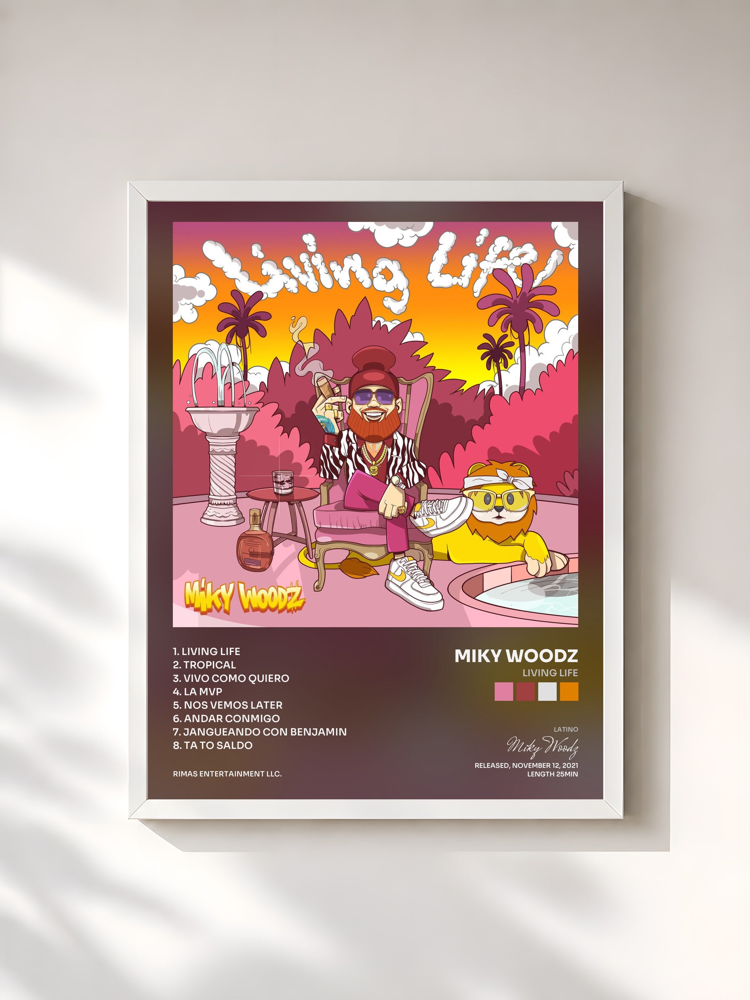 #blanc Tableau de l'album Living Life de Miky Woodz, cadre blanc, imprimé et encadré en France