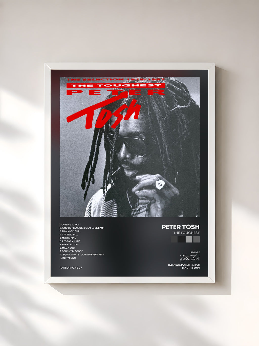#blanc Tableau de l'album The Toughest de Peter Tosh, cadre blanc, imprimé et encadré en France