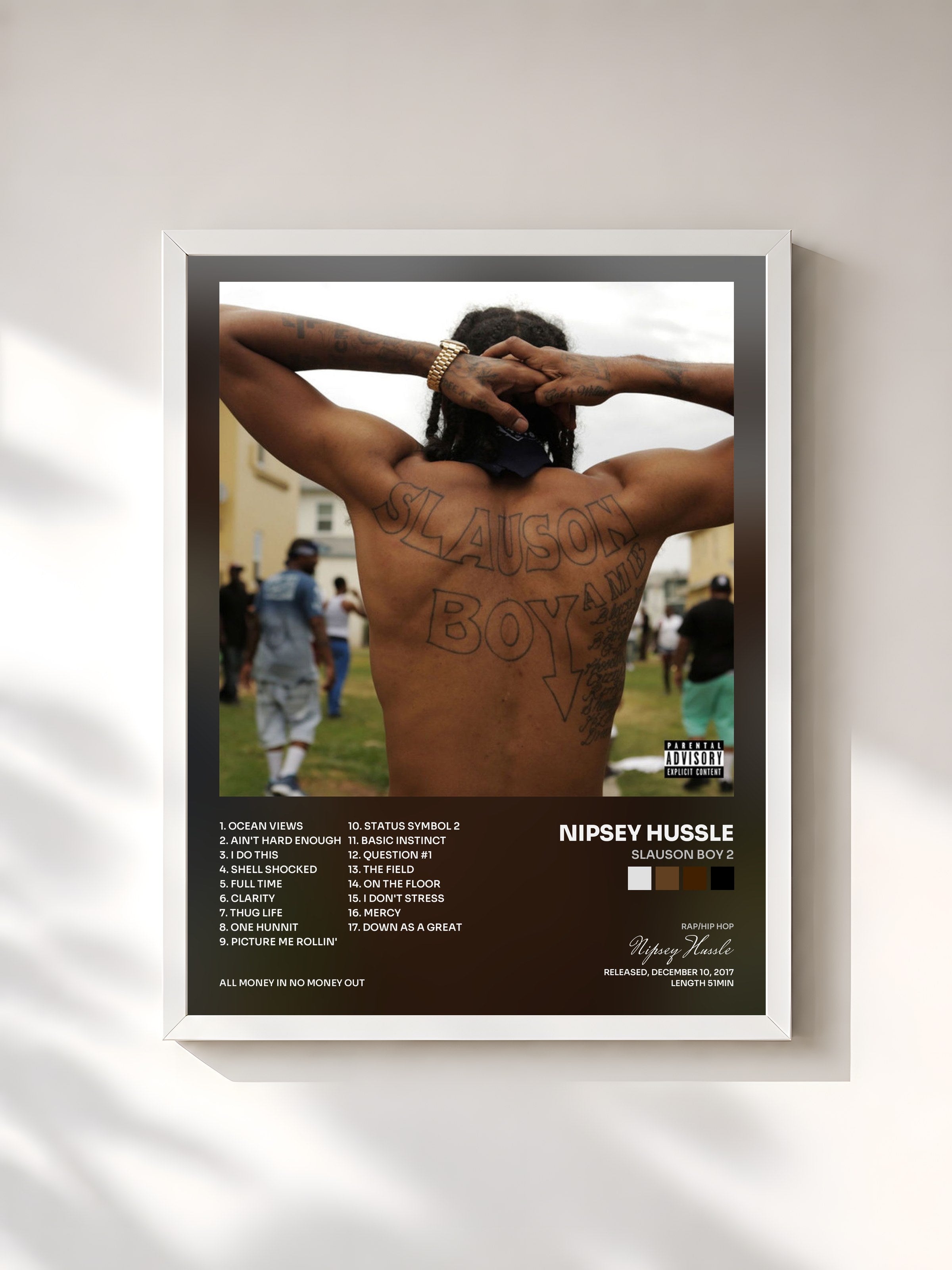#blanc Tableau de l'album Slauson Boy 2 de Nipsey Hussle, cadre blanc, imprimé et encadré en France