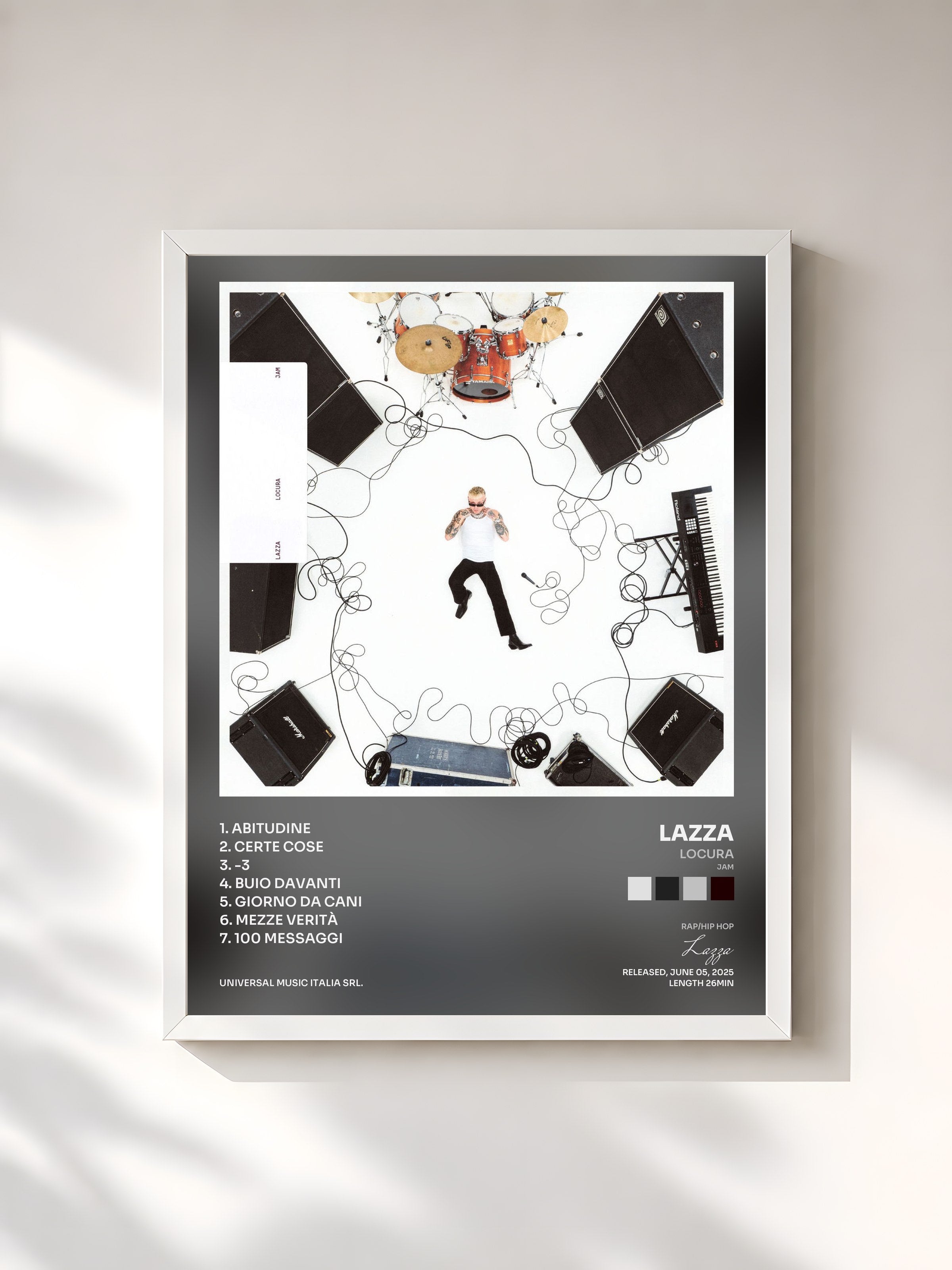 #blanc Tableau de l'album LOCURA (Jam) de Lazza, cadre blanc, imprimé et encadré en France