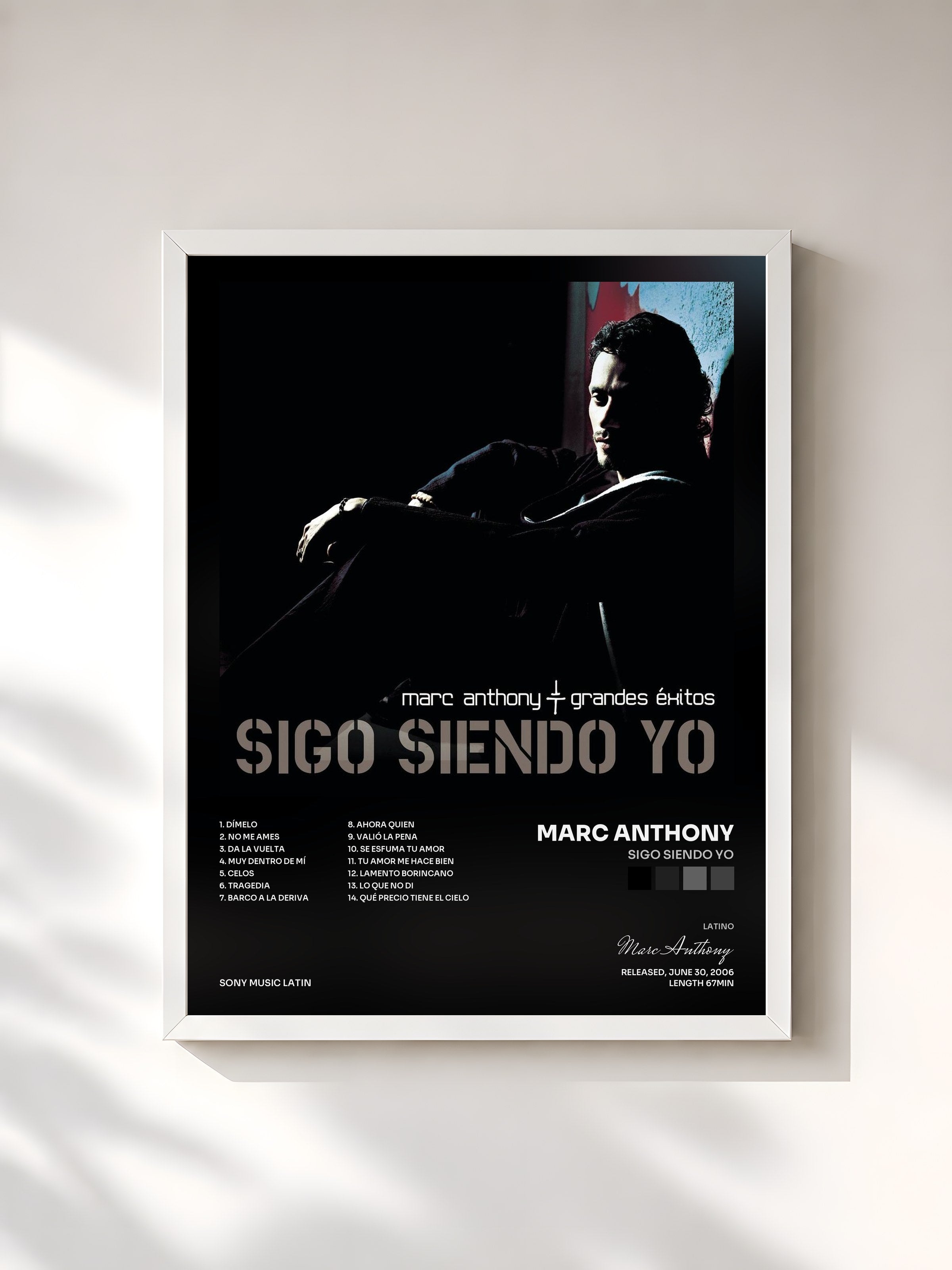 #blanc Tableau de l'album Sigo Siendo Yo de Marc Anthony, cadre blanc, imprimé et encadré en France