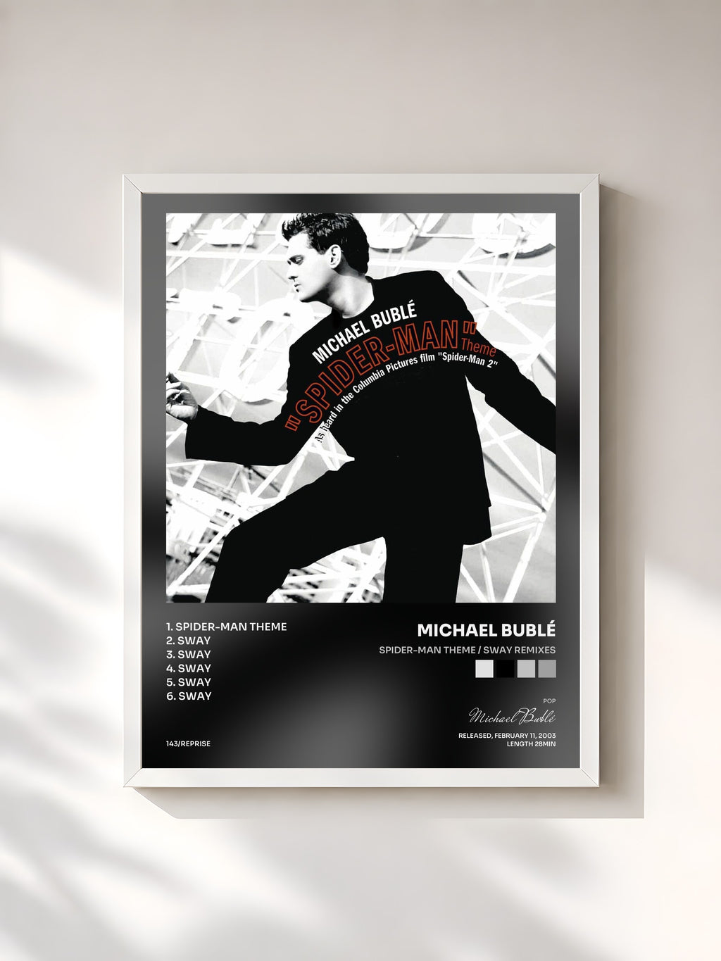 #blanc Tableau de l'album Spider-Man Theme / Sway Remixes de Michael Bublé, cadre blanc, imprimé et encadré en France