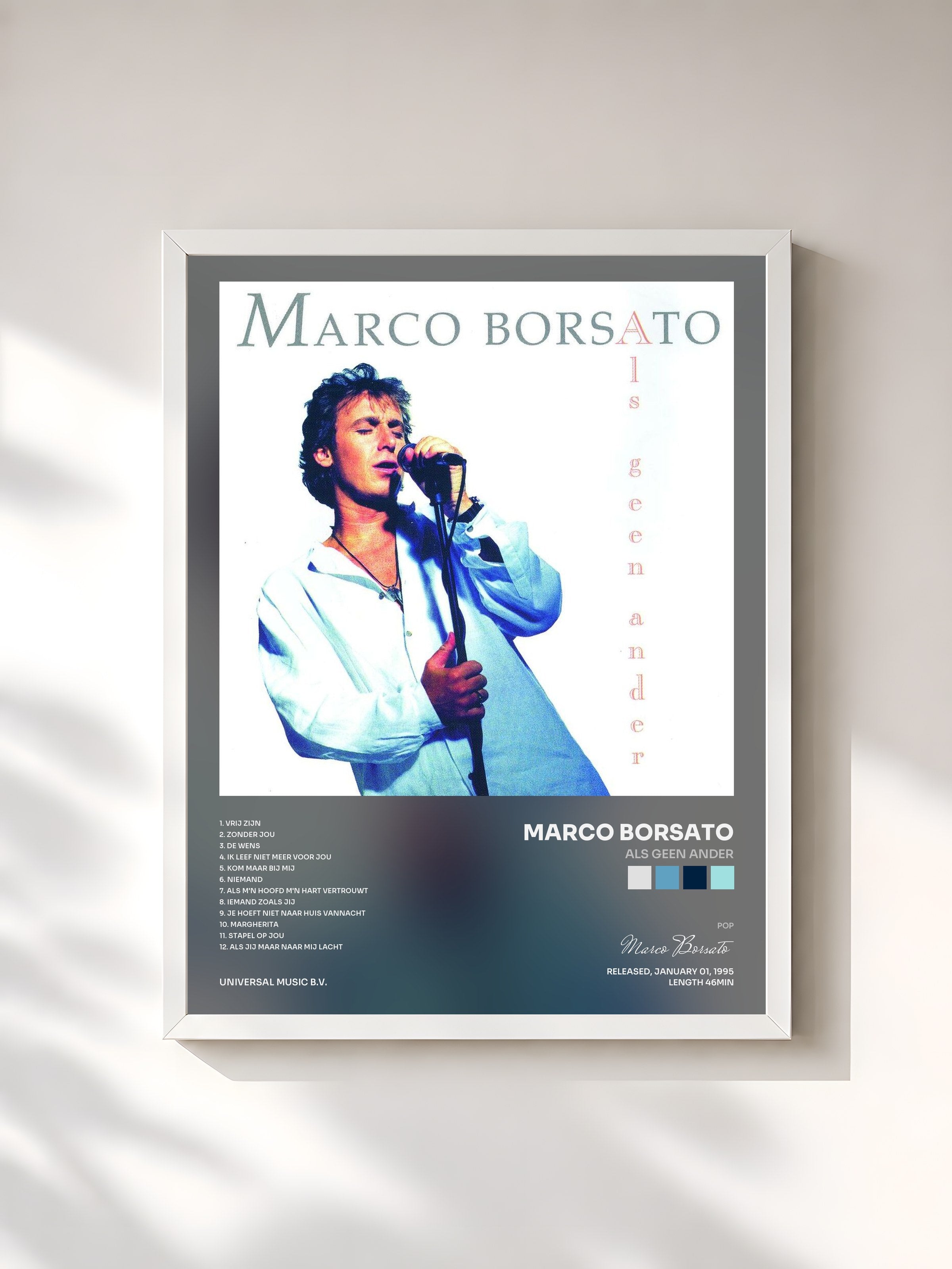 #blanc Tableau de l'album Als Geen Ander de Marco Borsato, cadre blanc, imprimé et encadré en France