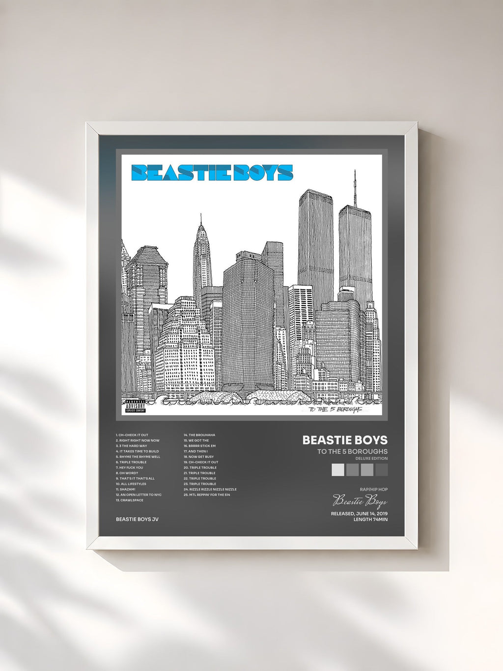 #blanc To The 5 Boroughs (Deluxe Edition) de Beastie Boys en lámina enmarcada, marco blanco, impresa y enmarcada en Francia