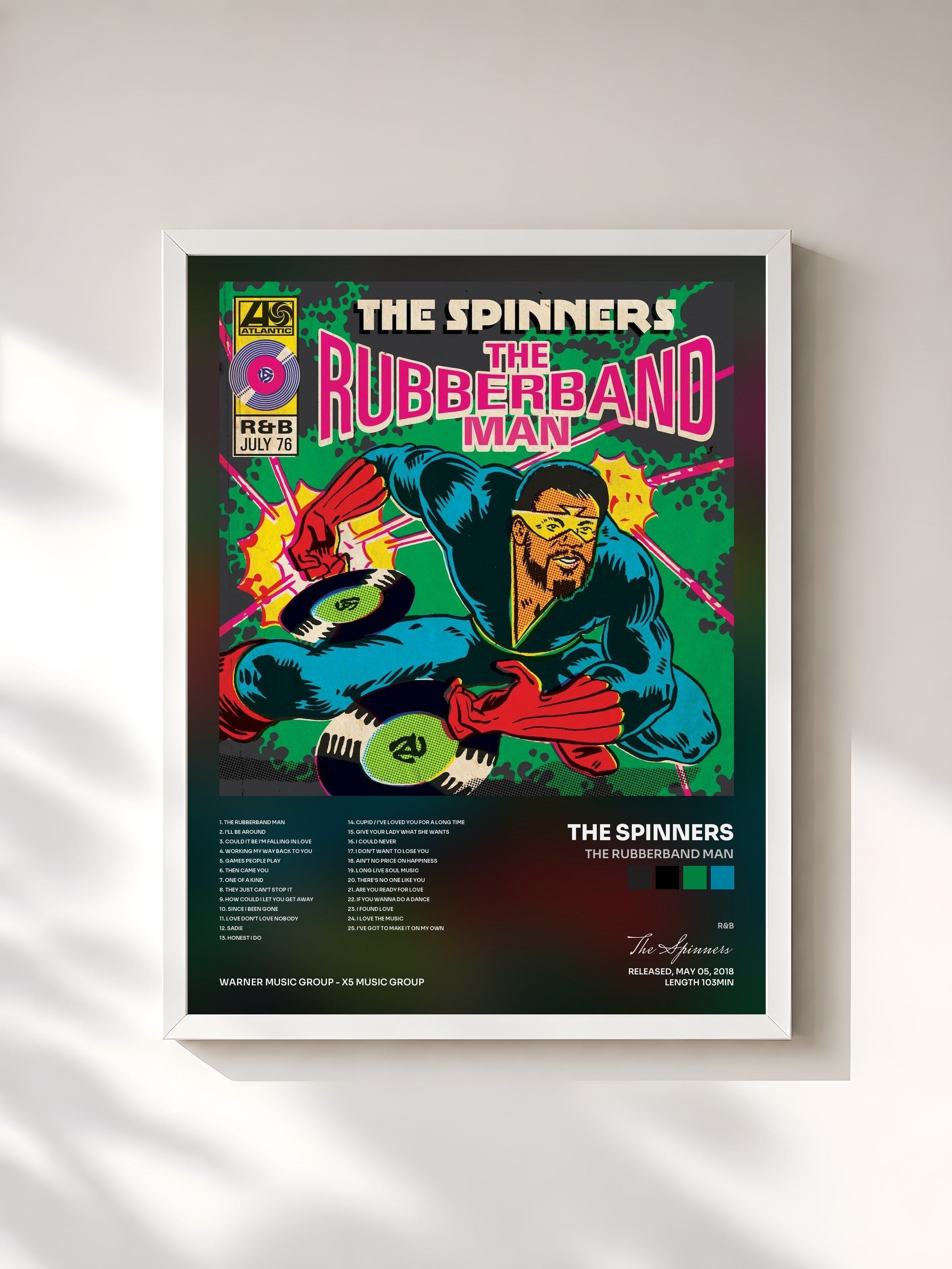 #blanc Tableau de l'album The Rubberband Man de The Spinners, cadre blanc, imprimé et encadré en France