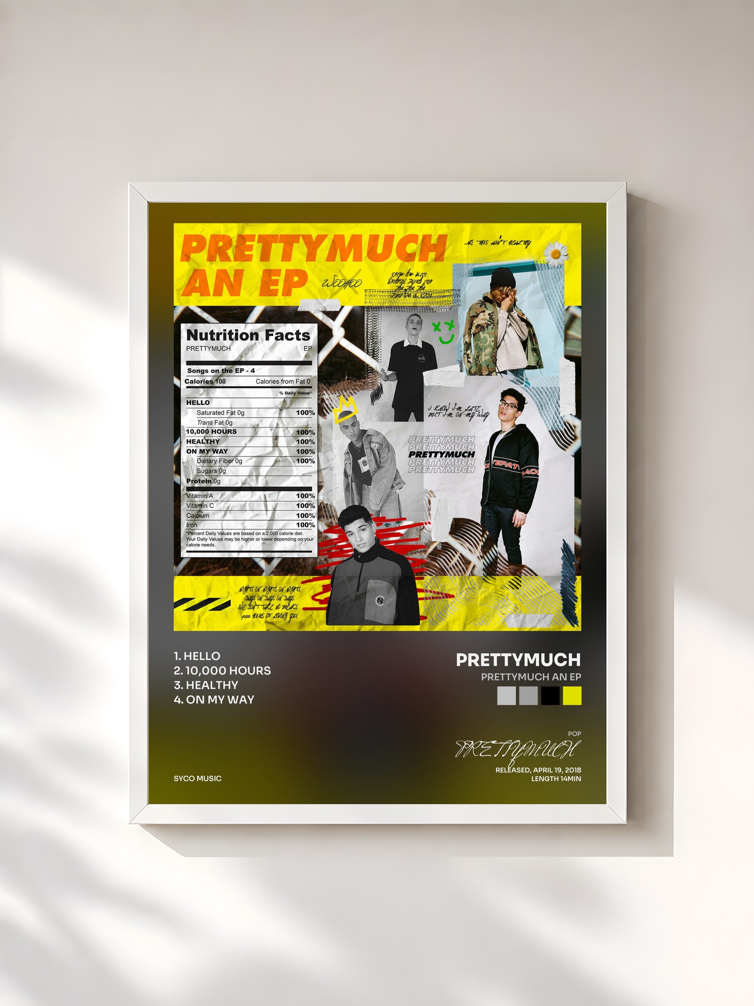 #blanc Tableau de l'album PRETTYMUCH an EP de PRETTYMUCH, cadre blanc, imprimé et encadré en France
