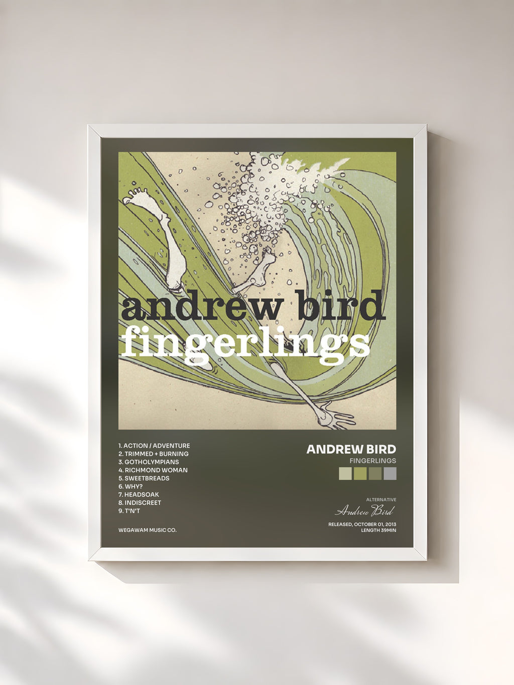 #blanc Tableau de l'album Fingerlings de Andrew Bird, cadre blanc, imprimé et encadré en France
