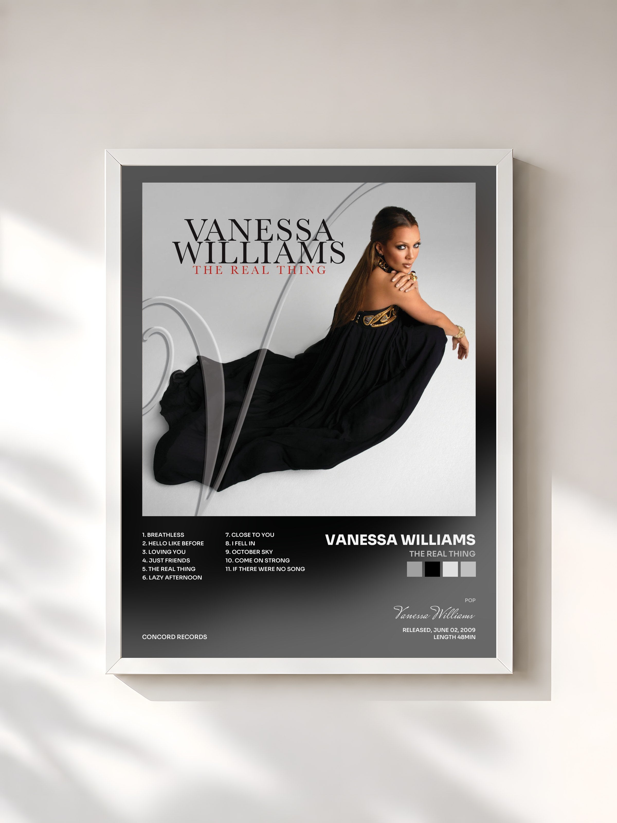 #blanc Tableau de l'album The Real Thing de Vanessa Williams, cadre blanc, imprimé et encadré en France