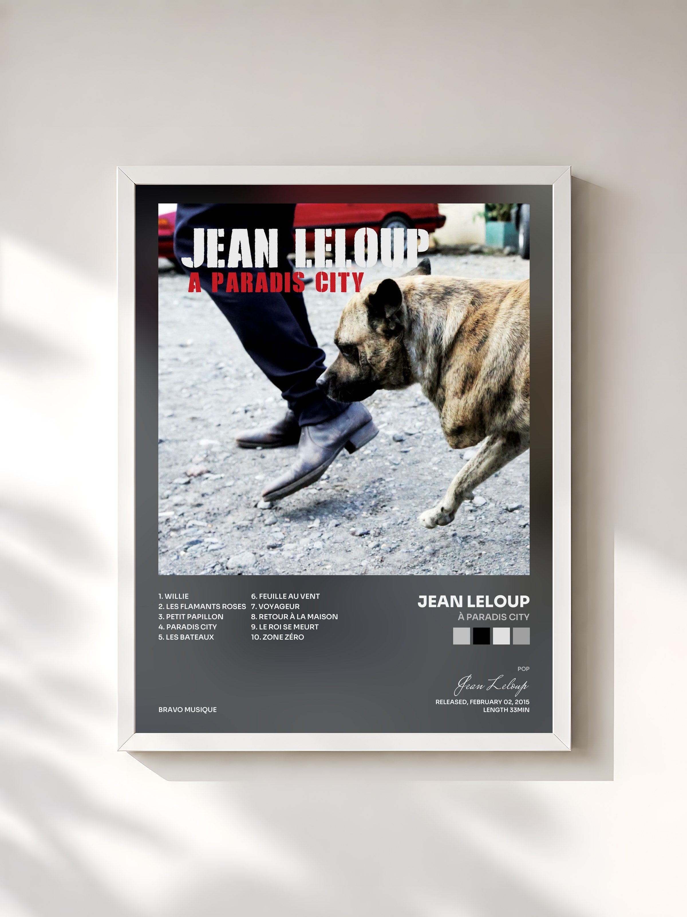 #blanc Tableau de l'album À Paradis City de Jean Leloup, cadre blanc, imprimé et encadré en France