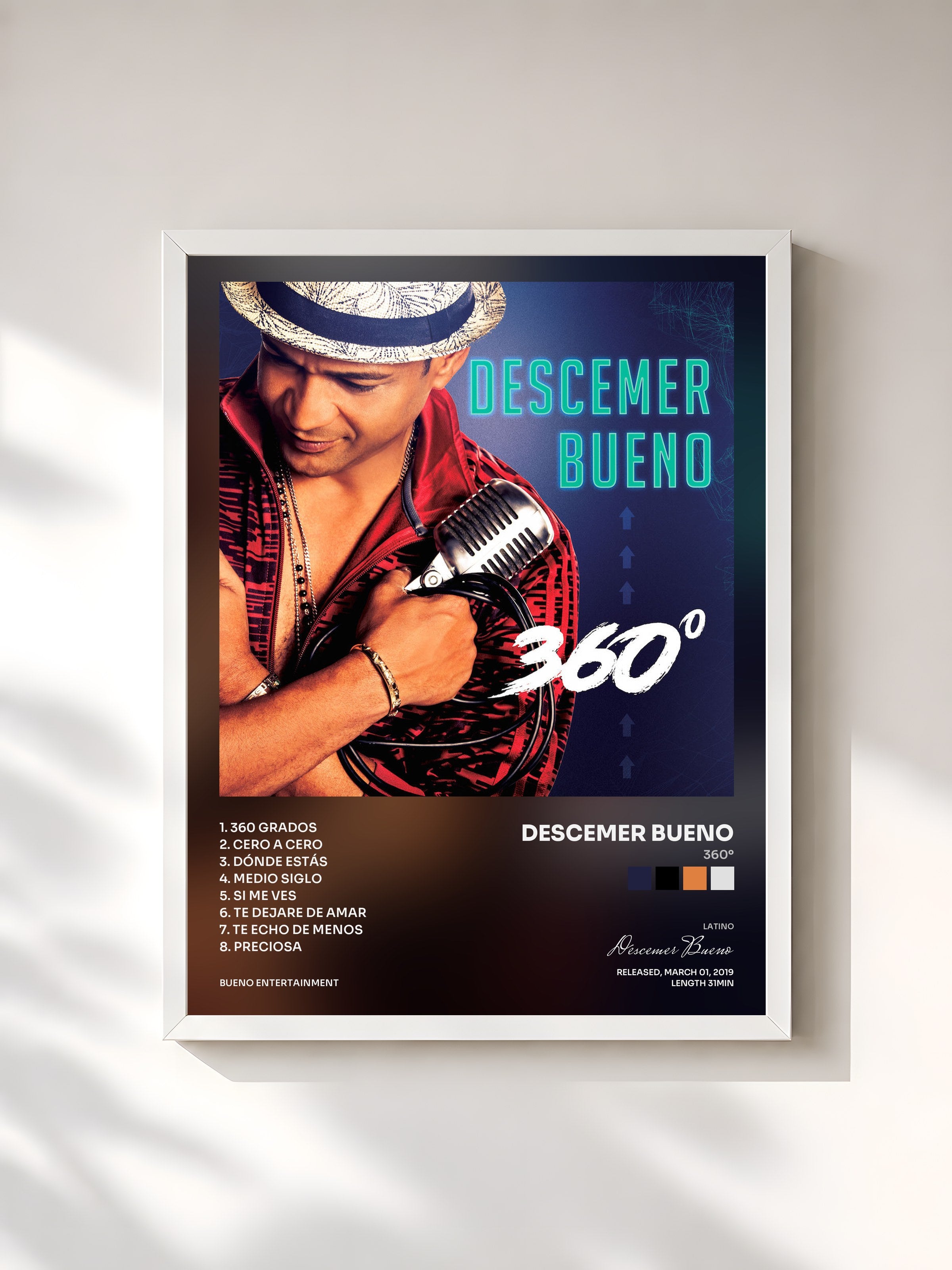 #blanc Tableau de l'album 360º de Descemer Bueno, cadre blanc, imprimé et encadré en France