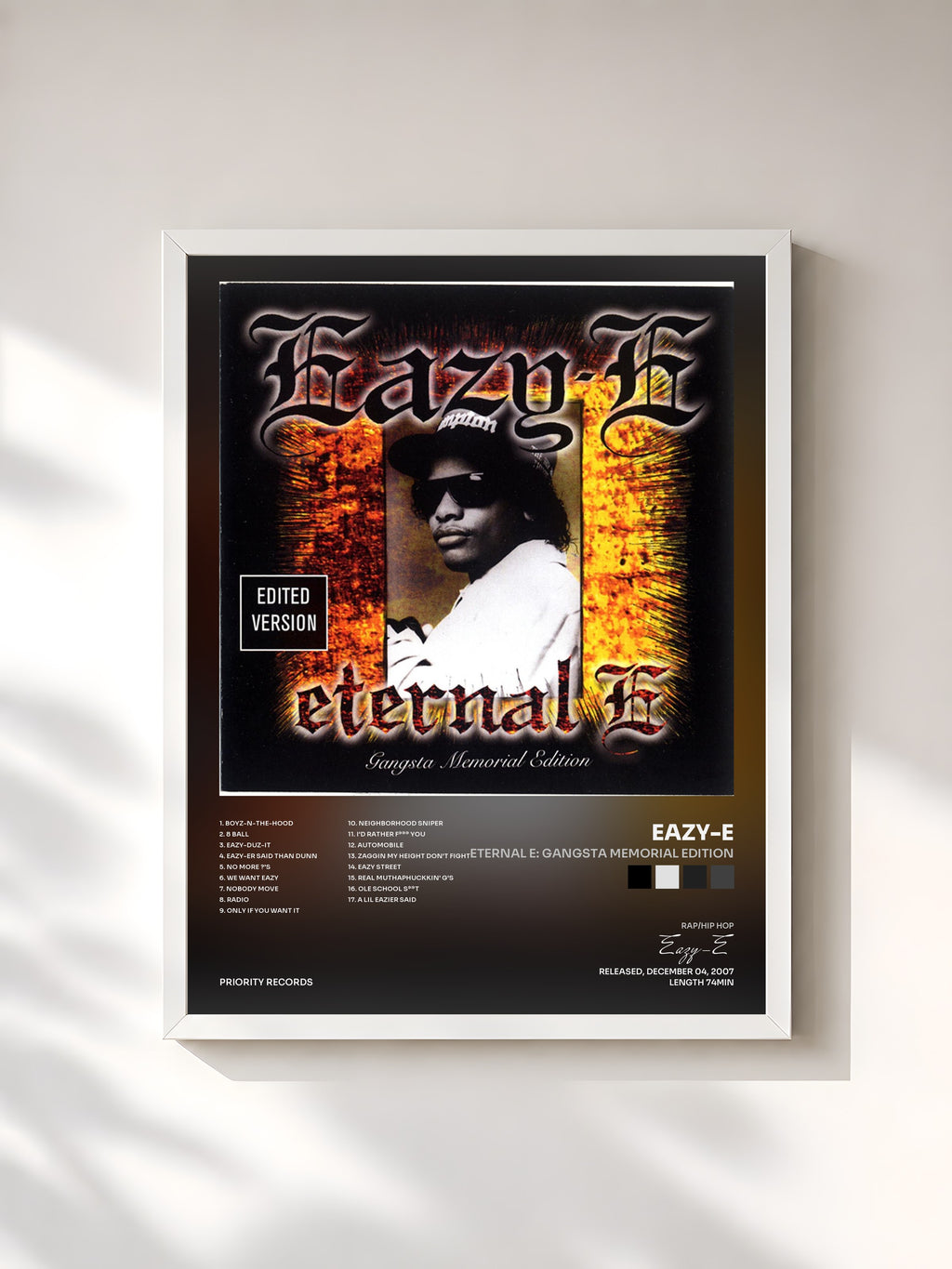 #blanc Tableau de l'album Eternal E: Gangsta Memorial Edition de Eazy-E, cadre blanc, imprimé et encadré en France