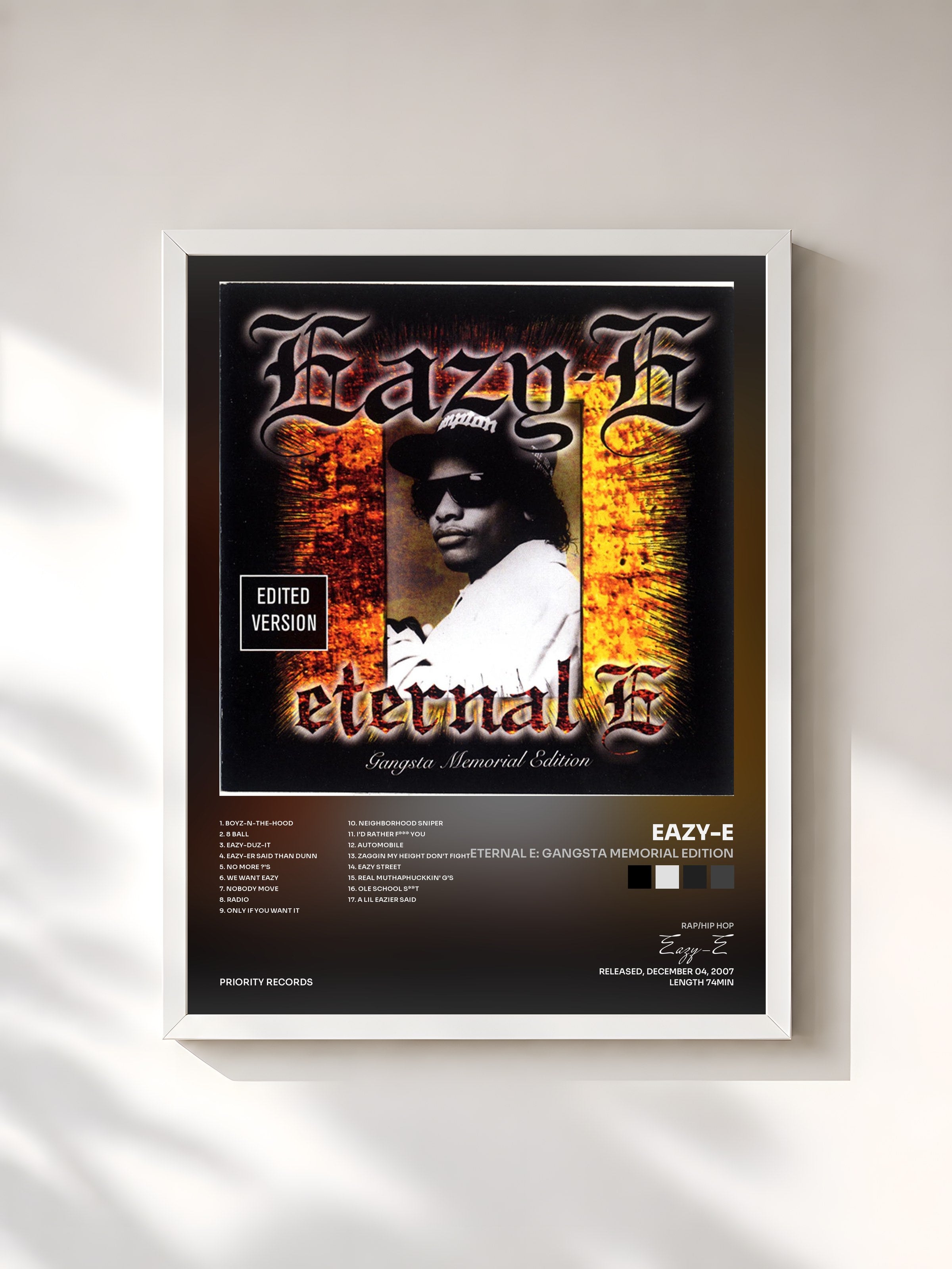 #blanc Tableau de l'album Eternal E: Gangsta Memorial Edition de Eazy-E, cadre blanc, imprimé et encadré en France