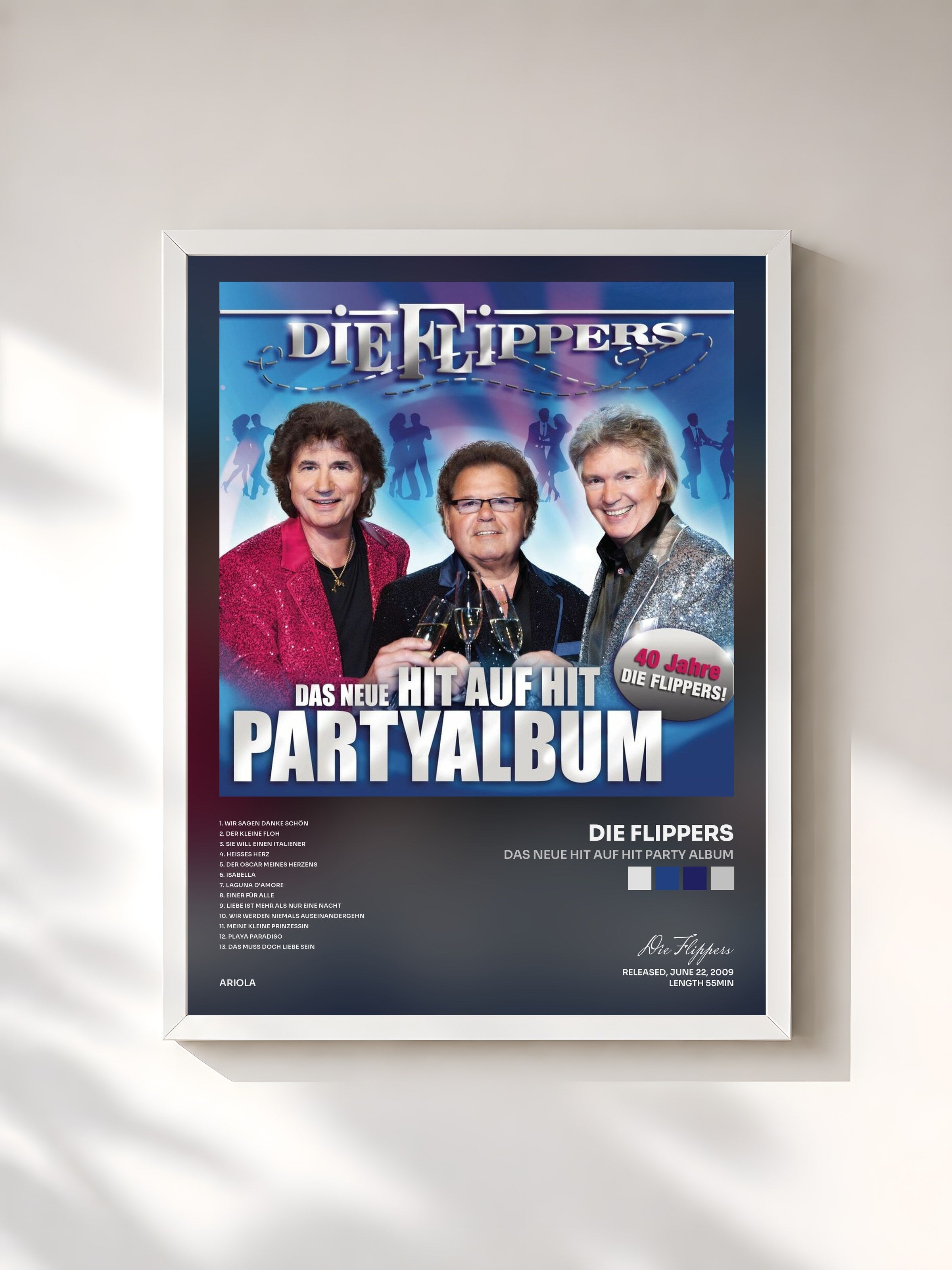 #blanc Tableau de l'album Das neue Hit auf Hit Party Album de Die Flippers, cadre blanc, imprimé et encadré en France