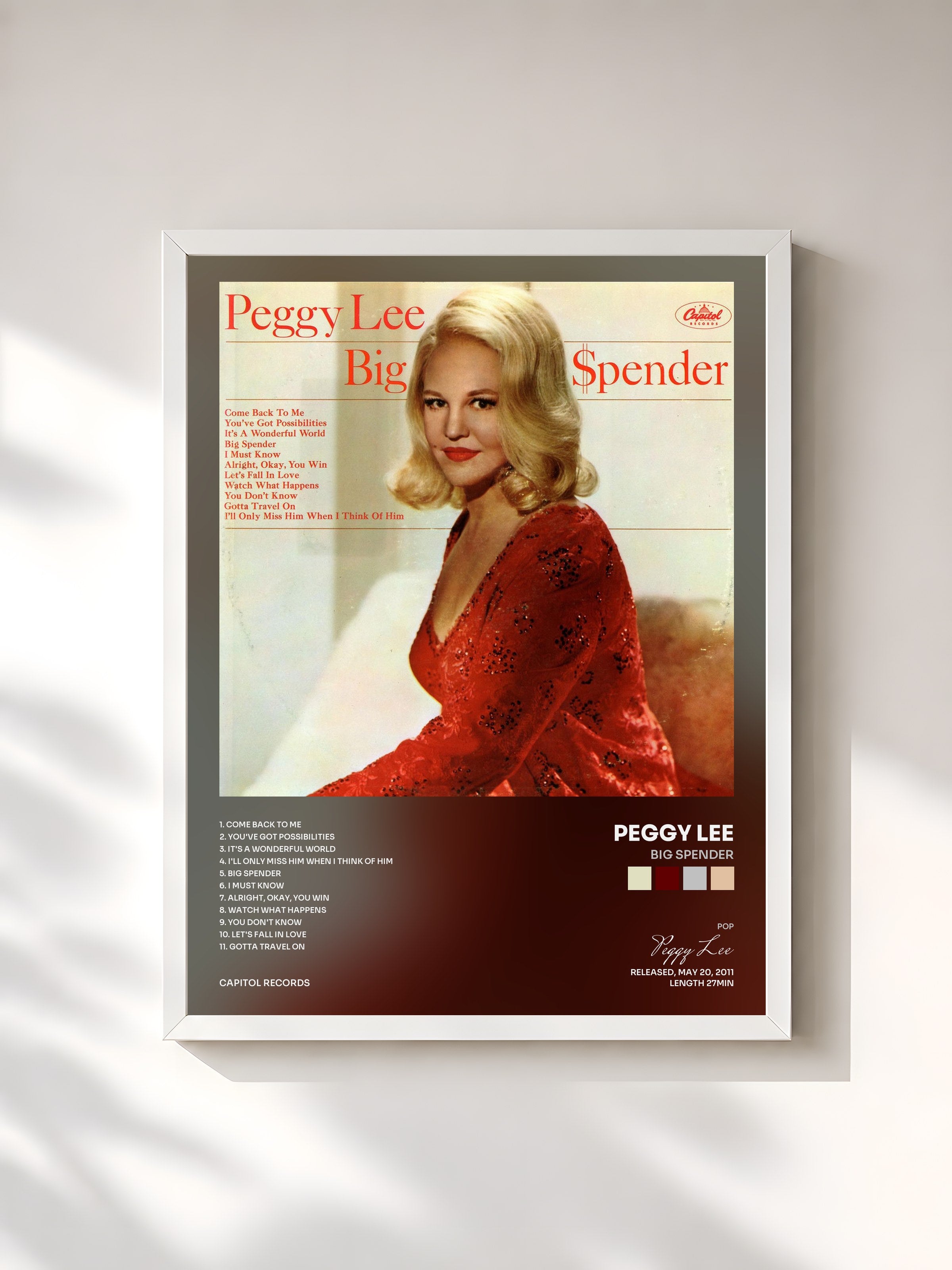 #blanc Tableau de l'album Big Spender de Peggy Lee, cadre blanc, imprimé et encadré en France