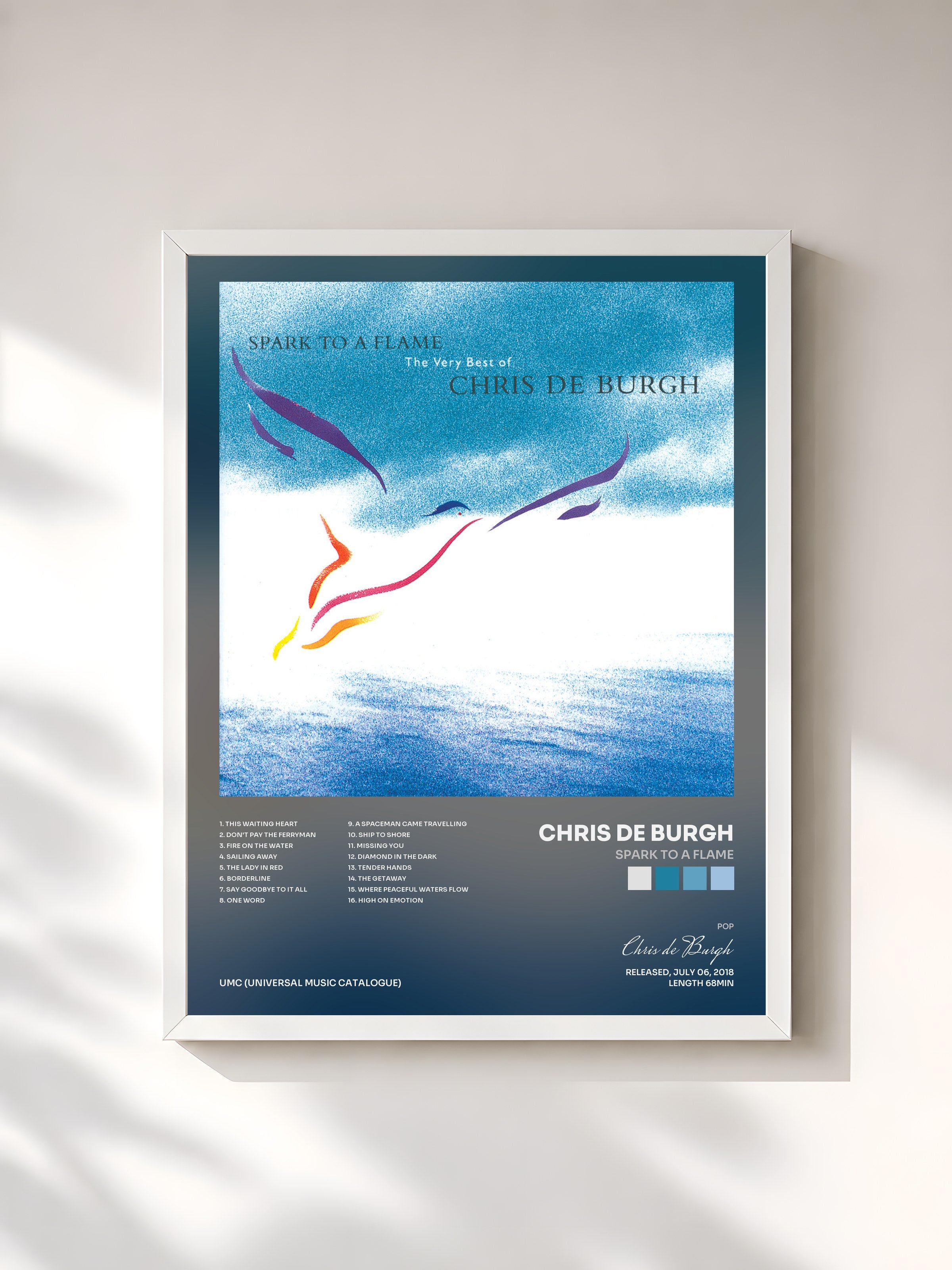 #blanc Tableau de l'album Spark To A Flame de Chris de Burgh, cadre blanc, imprimé et encadré en France