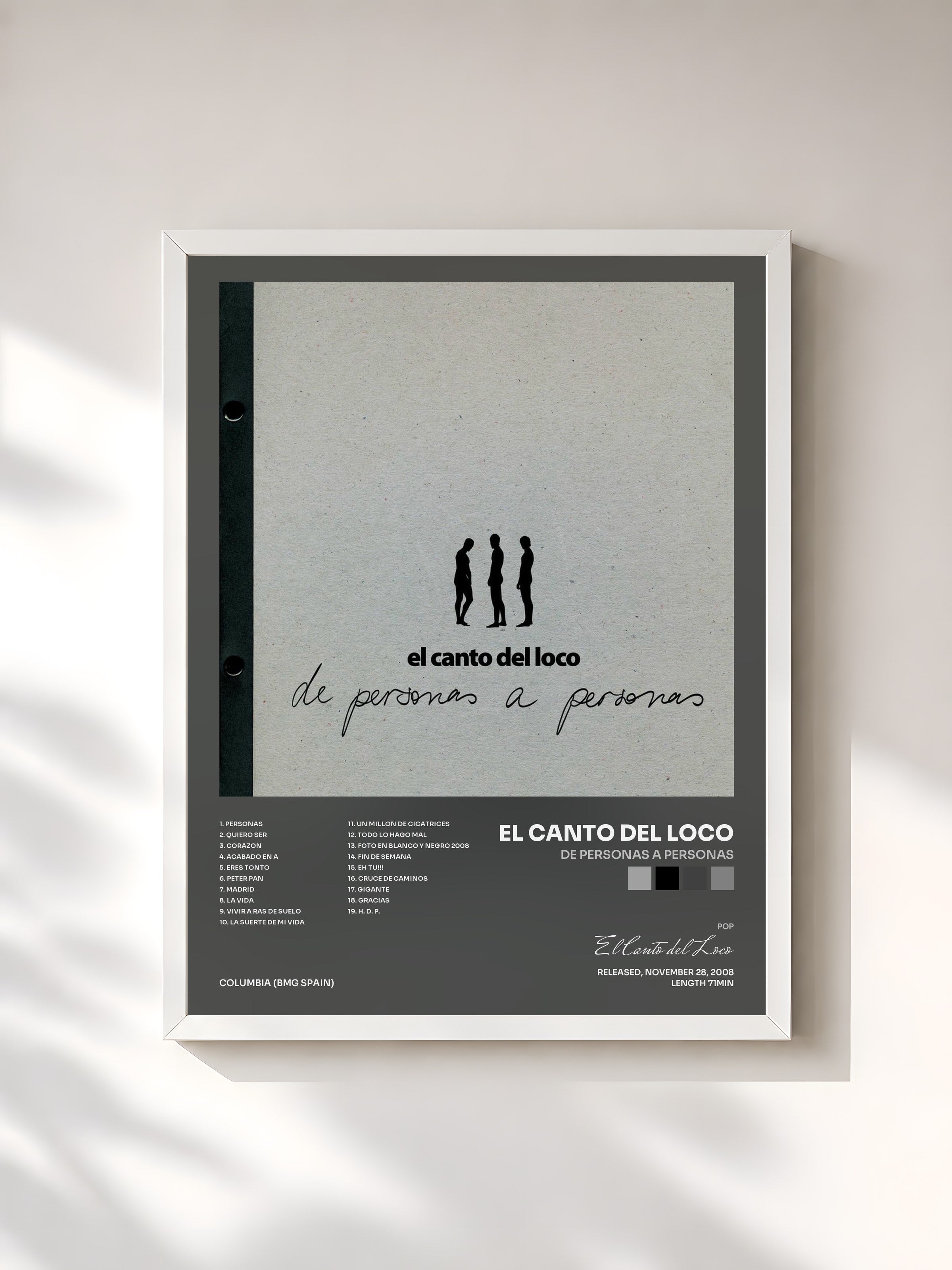 #blanc Tableau de l'album De Personas a Personas de El Canto del Loco, cadre blanc, imprimé et encadré en France