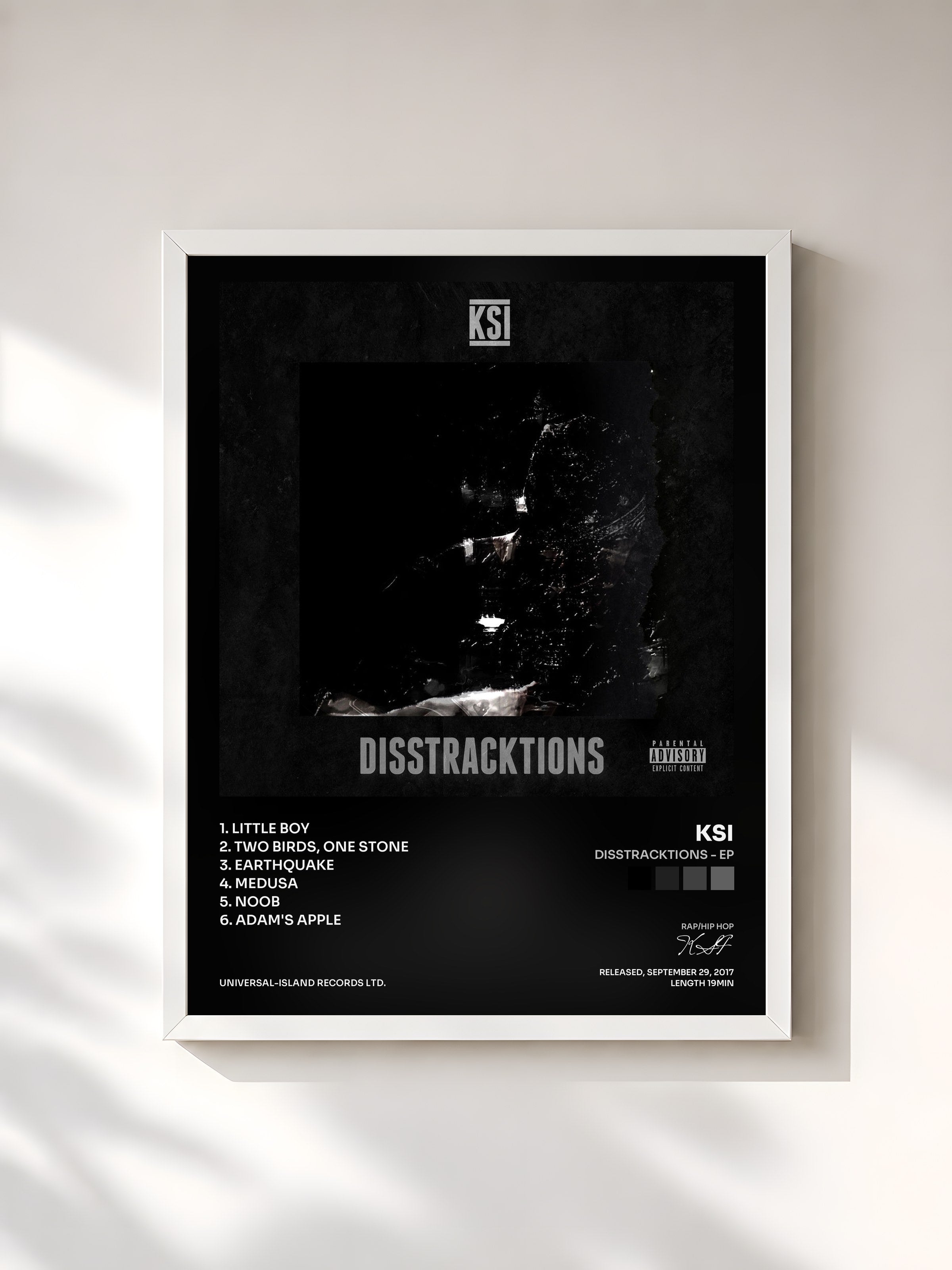 #blanc Tableau de l'album Disstracktions - EP de KSI, cadre blanc, imprimé et encadré en France
