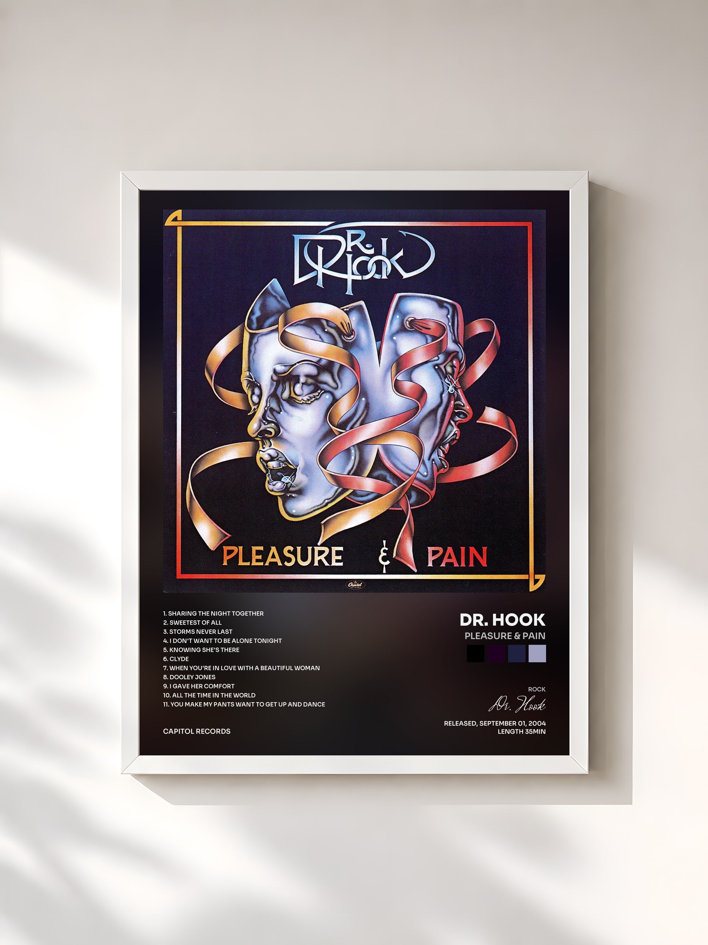 #blanc Tableau de l'album Pleasure & Pain de Dr. Hook, cadre blanc, imprimé et encadré en France