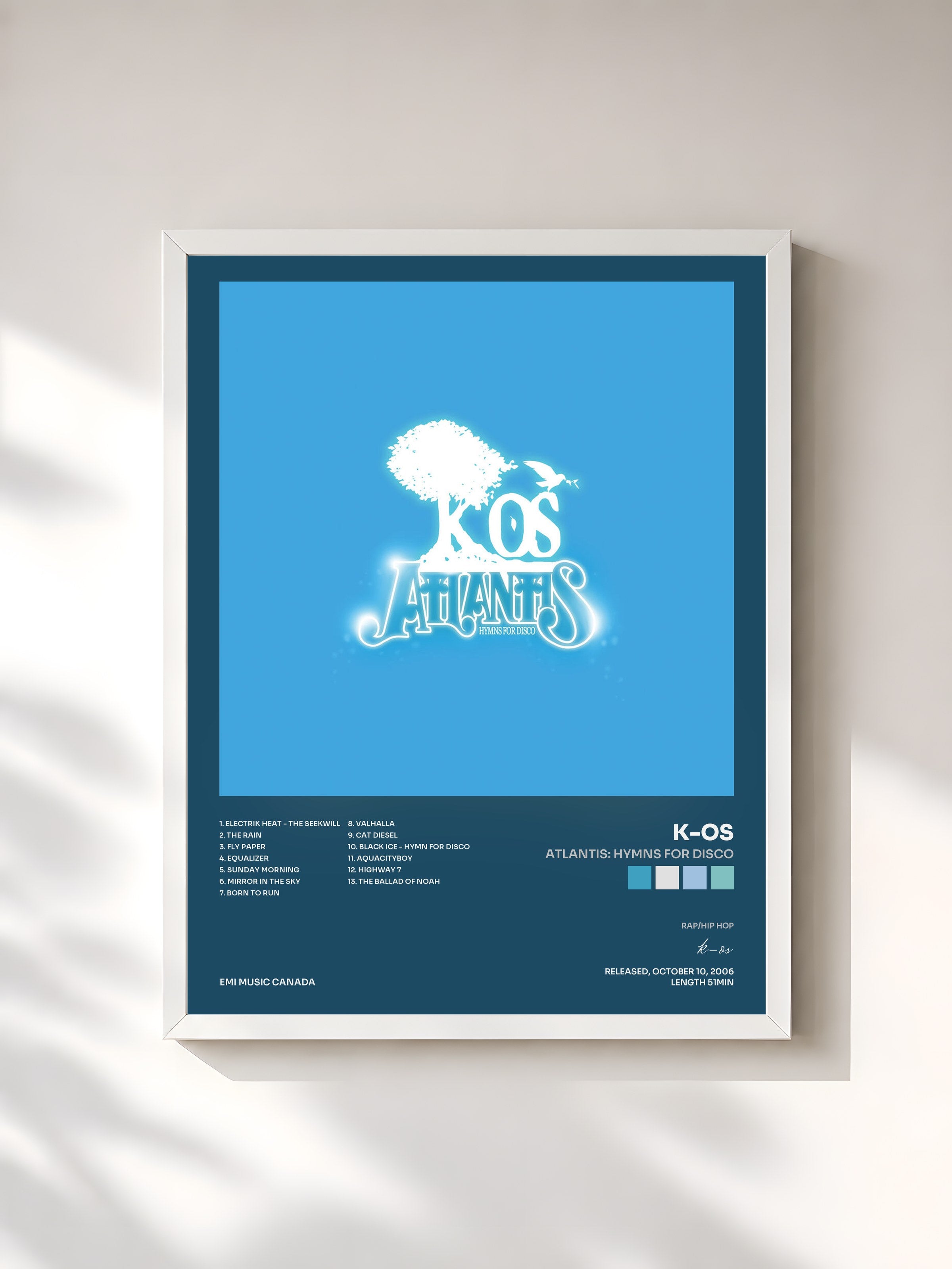 #blanc Tableau de l'album Atlantis: Hymns For Disco de k-os, cadre blanc, imprimé et encadré en France