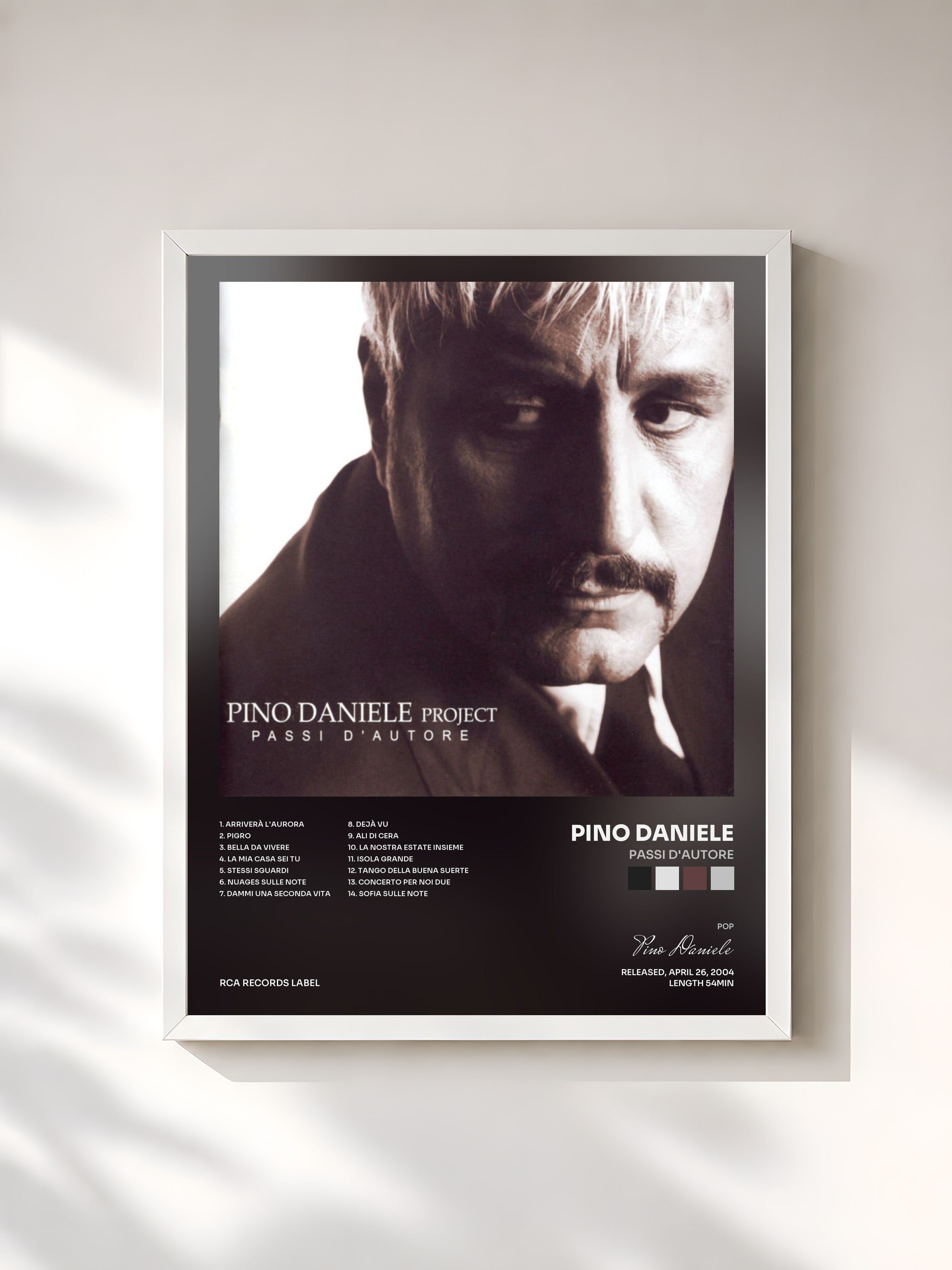 #blanc Tableau de l'album Passi D'Autore de Pino Daniele, cadre blanc, imprimé et encadré en France