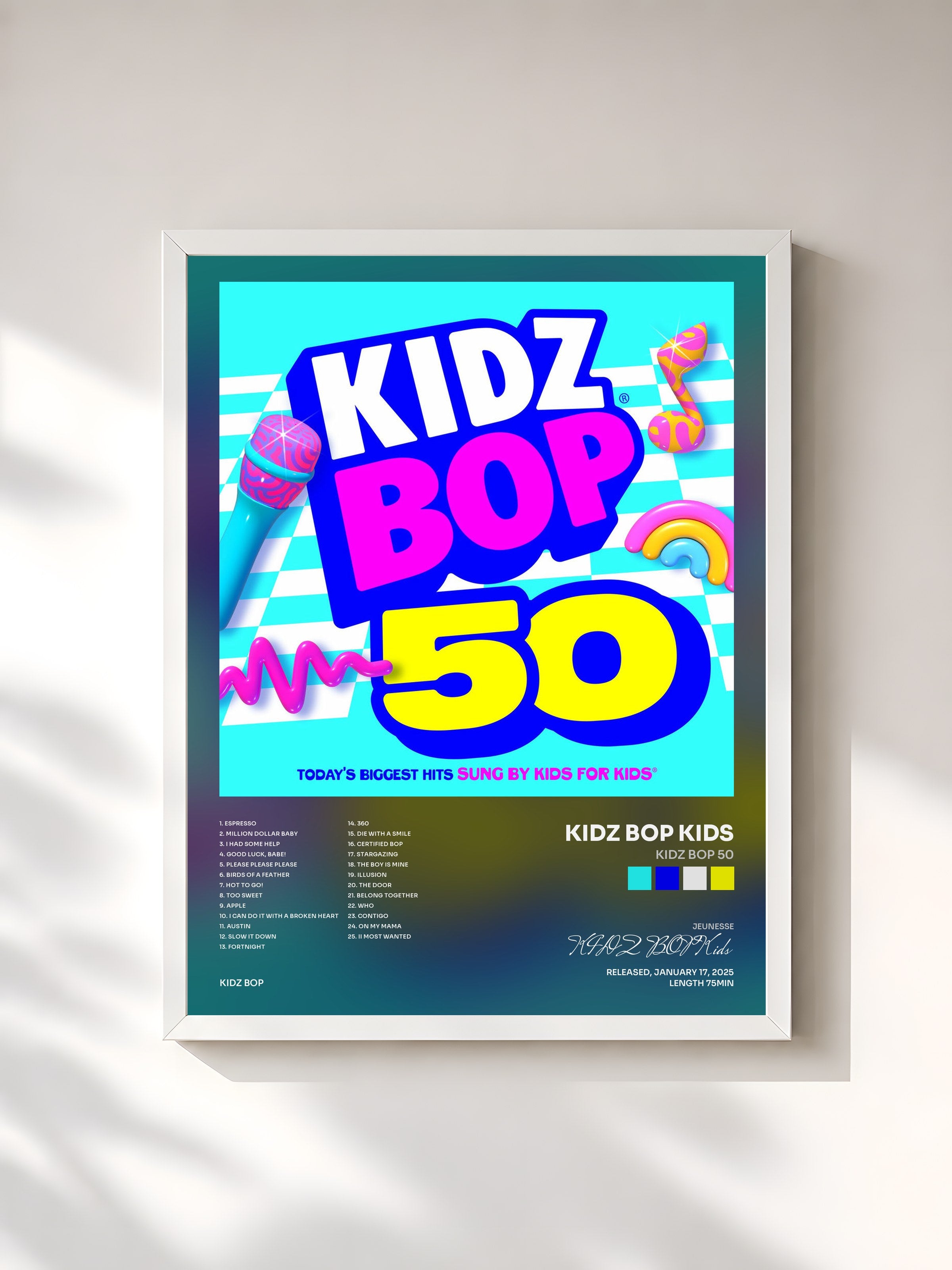 #blanc Tableau de l'album KIDZ BOP 50 de KIDZ BOP Kids, cadre blanc, imprimé et encadré en France
