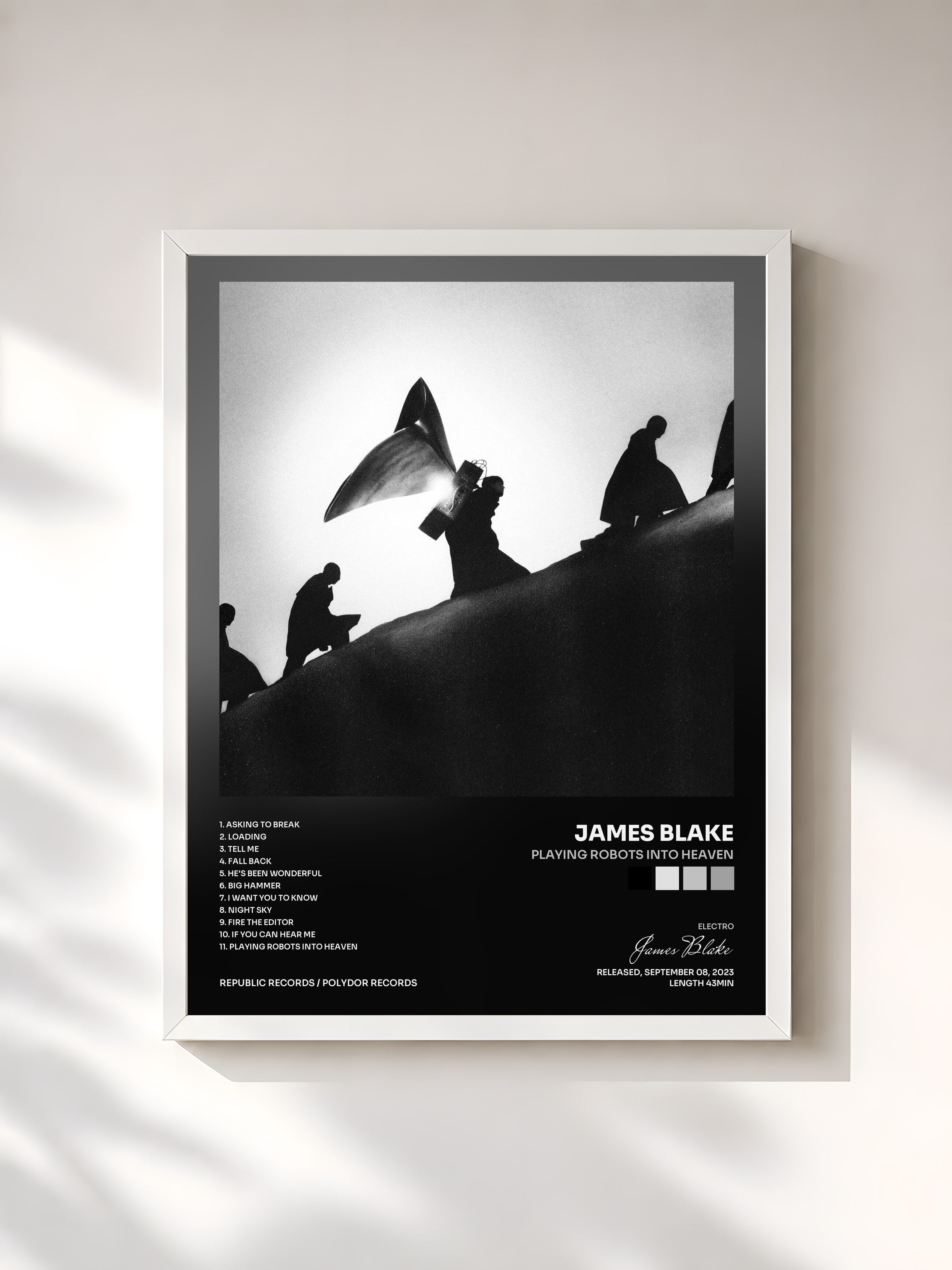 #blanc Tableau de l'album Playing Robots Into Heaven de James Blake, cadre blanc, imprimé et encadré en France