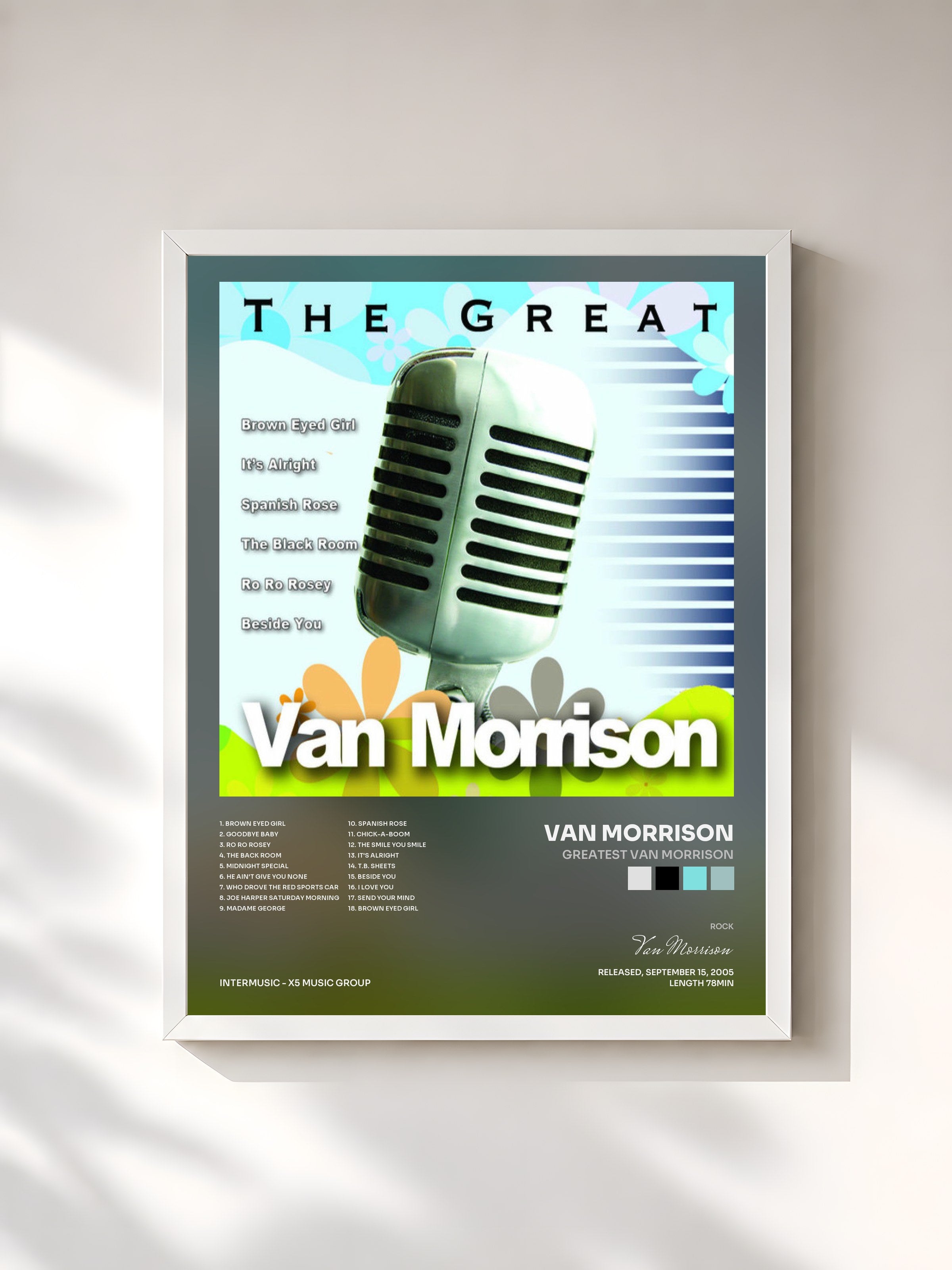 #blanc Tableau de l'album Greatest Van Morrison de Van Morrison, cadre blanc, imprimé et encadré en France