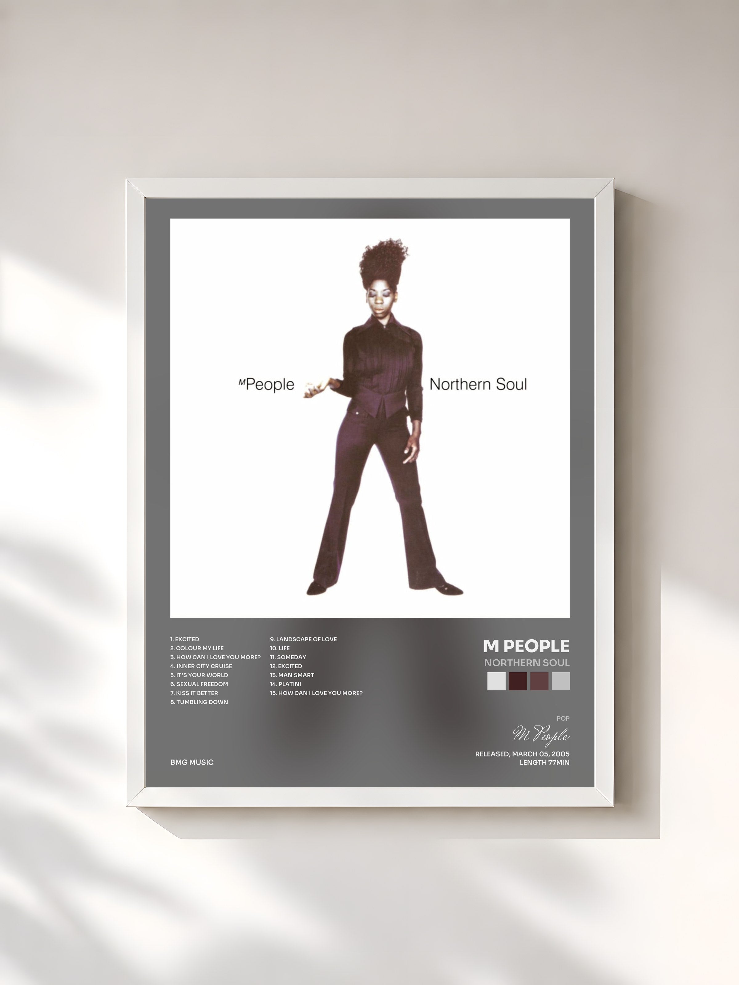 #blanc Tableau de l'album Northern Soul de M People, cadre blanc, imprimé et encadré en France