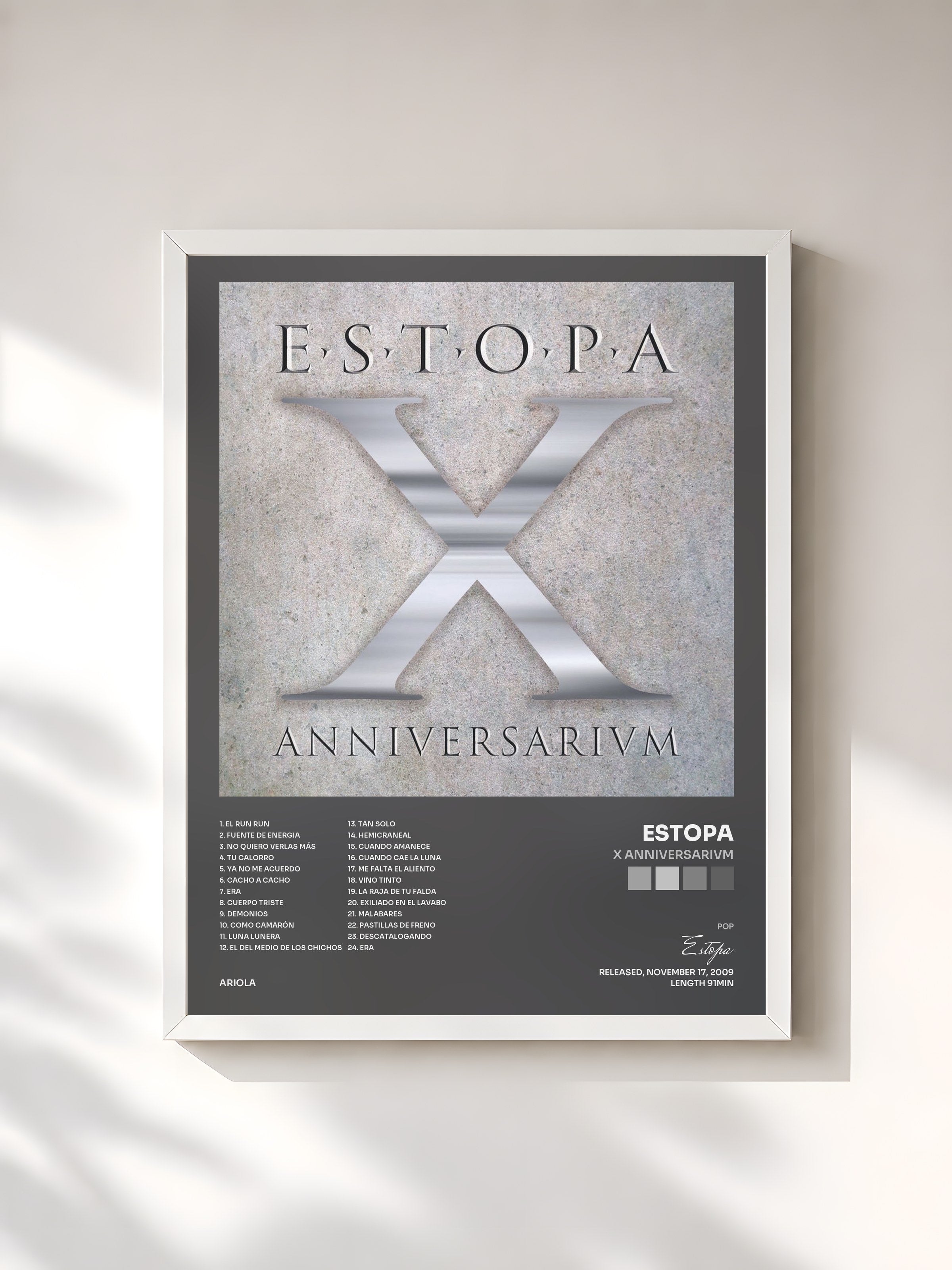 #blanc Tableau de l'album X Anniversarivm de Estopa, cadre blanc, imprimé et encadré en France