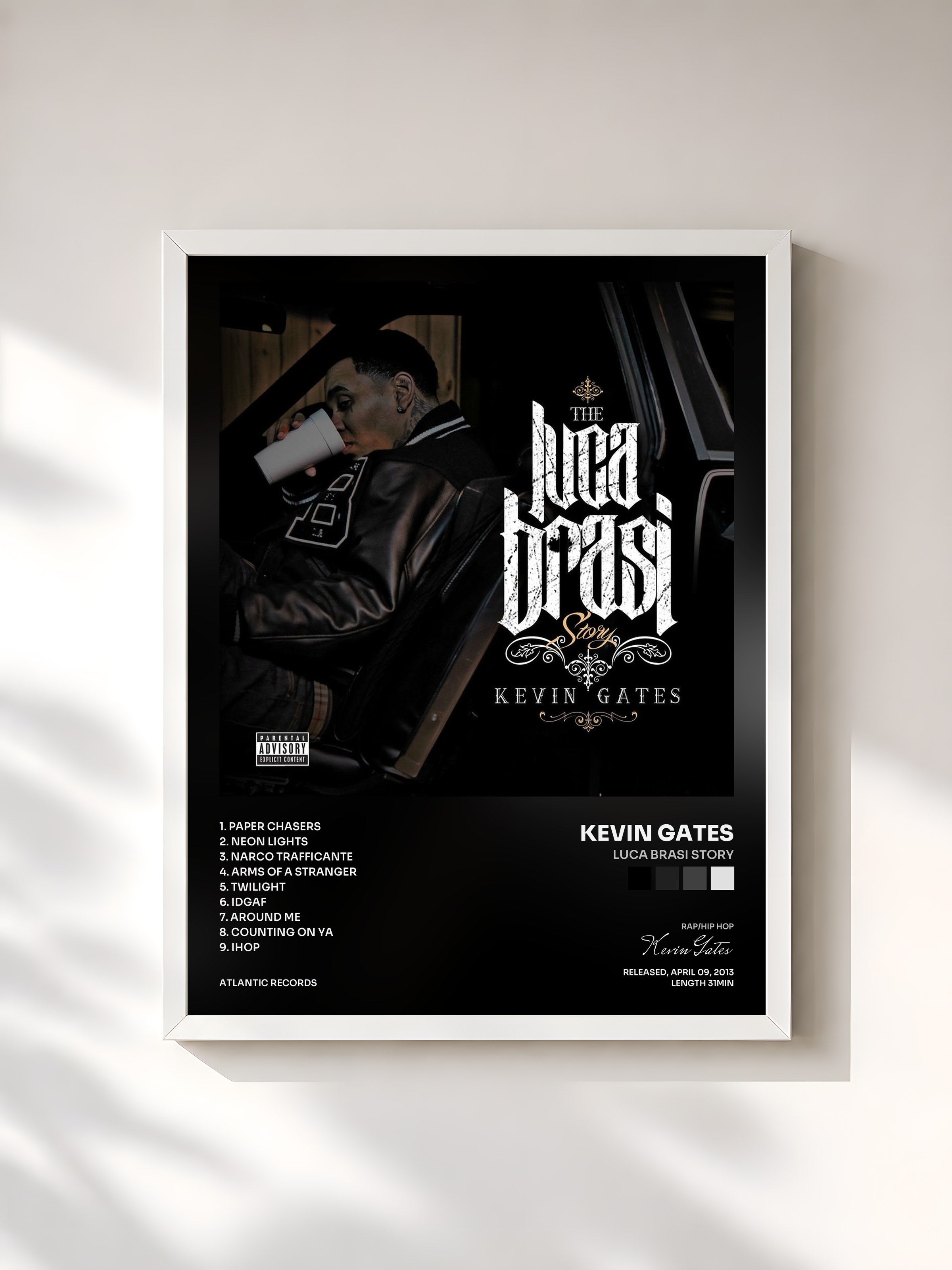 #blanc Tableau de l'album Luca Brasi Story de Kevin Gates, cadre blanc, imprimé et encadré en France