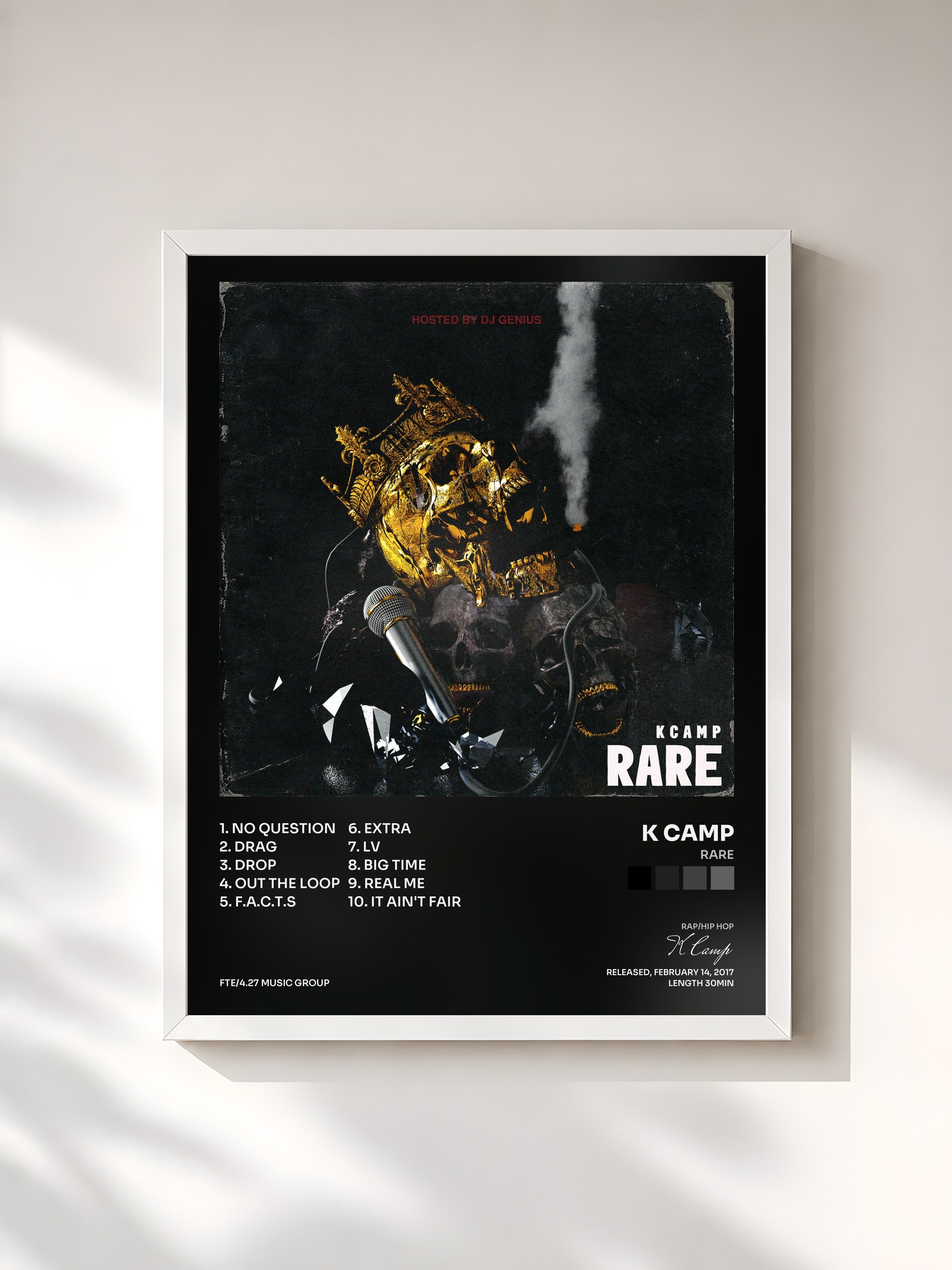 #blanc Tableau de l'album Rare de K Camp, cadre blanc, imprimé et encadré en France