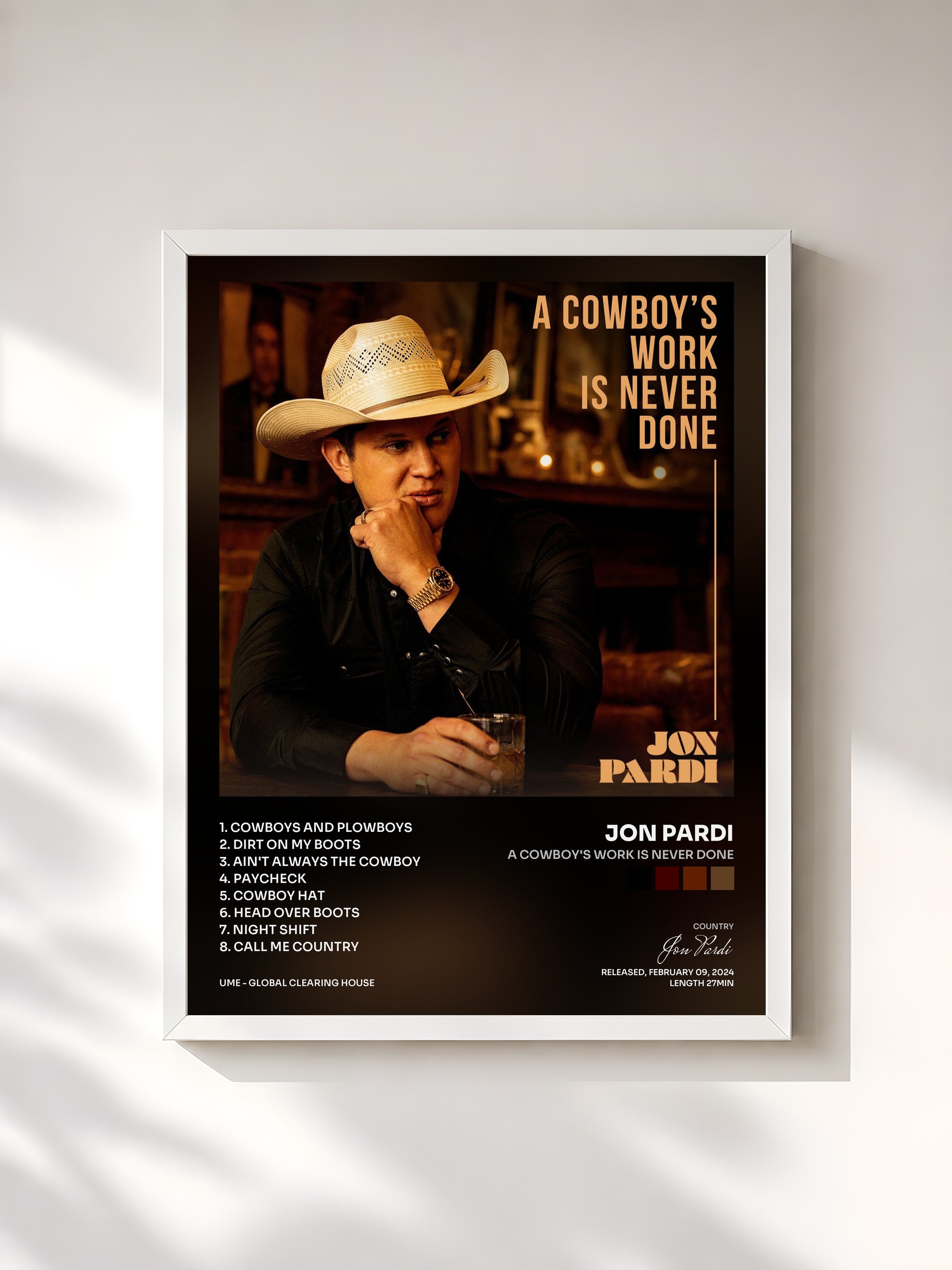 #blanc Tableau de l'album A Cowboy's Work Is Never Done de Jon Pardi, cadre blanc, imprimé et encadré en France