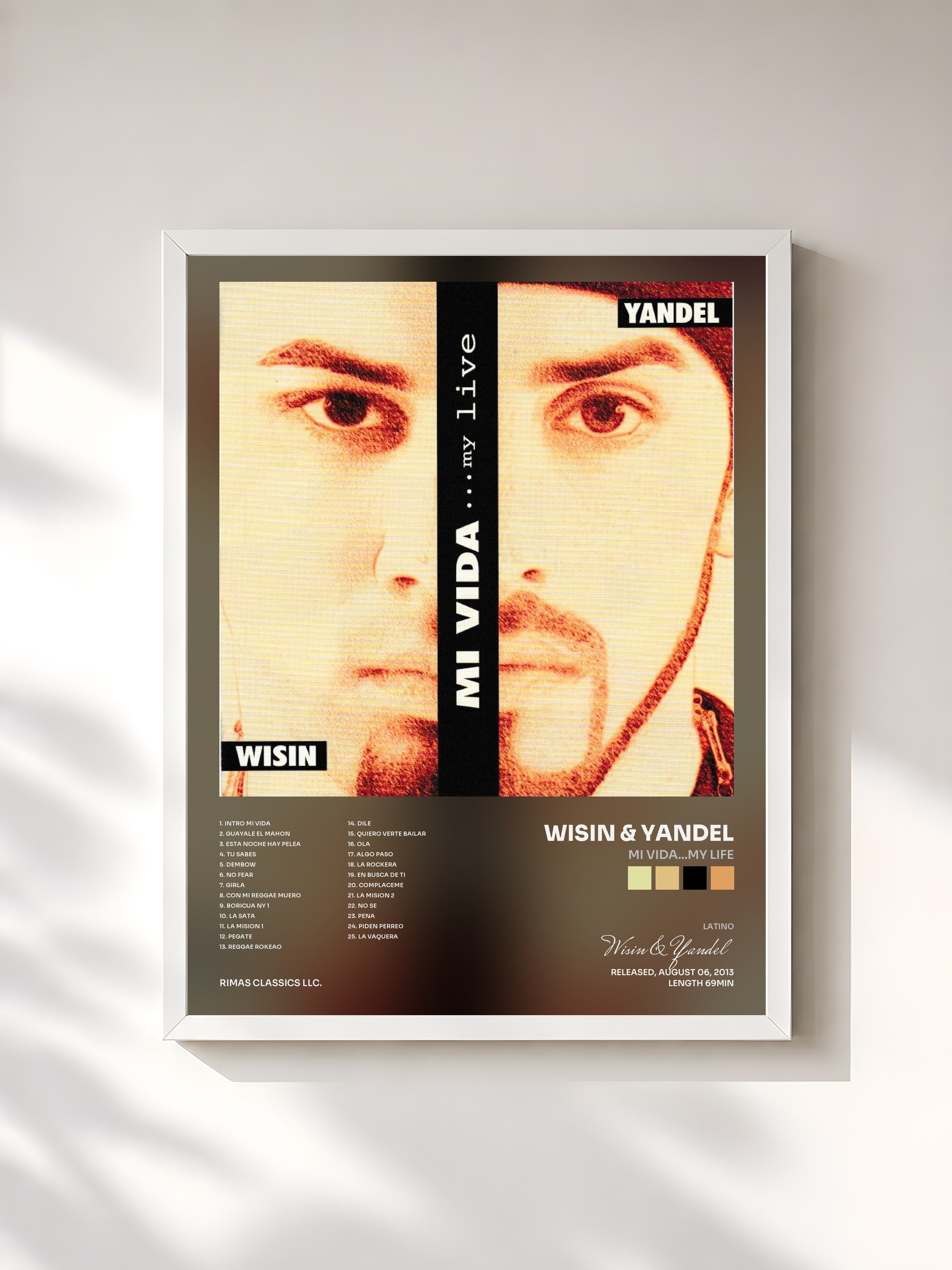 #blanc Tableau de l'album Mi Vida…my Life de Wisin & Yandel, cadre blanc, imprimé et encadré en France