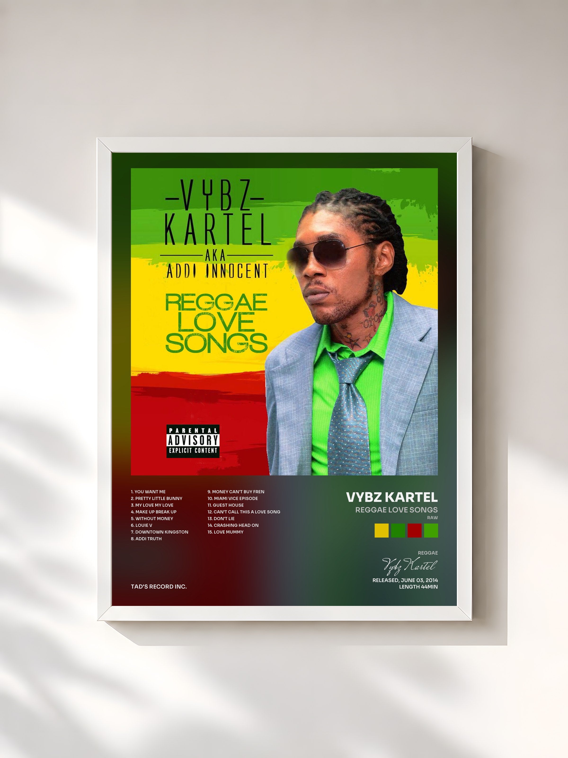 #blanc Tableau de l'album Reggae Love Songs (Raw) de Vybz Kartel, cadre blanc, imprimé et encadré en France