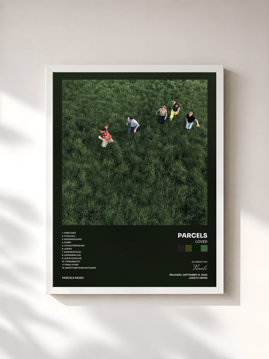 #blanc Tableau de l'album LOVED de Parcels, cadre blanc, imprimé et encadré en France
